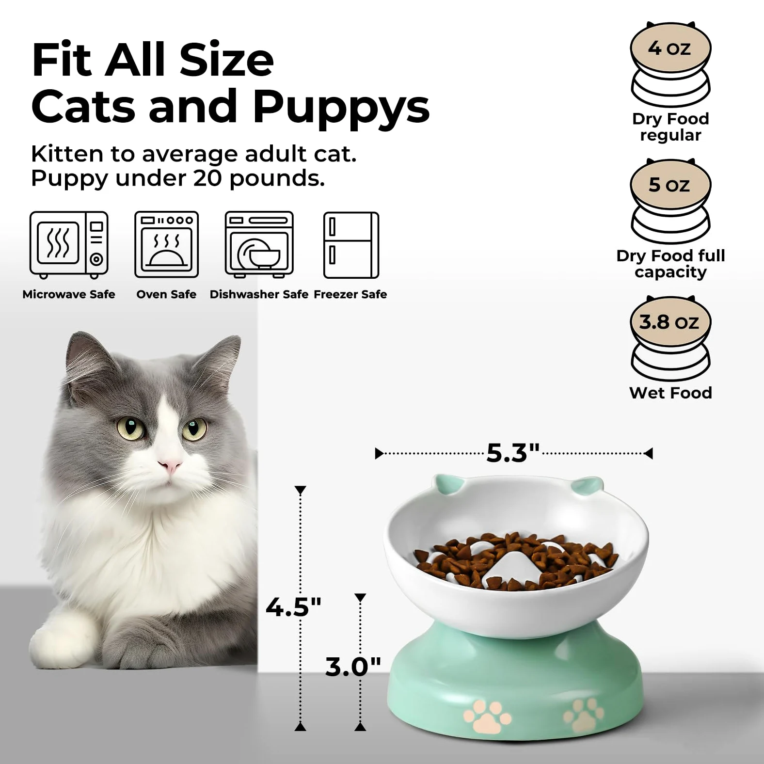 Y YHY Ciotola per gatti con alimentazione lenta, in ceramica, design inclinato, per cani e gatti, per cibo secco e umido, verde