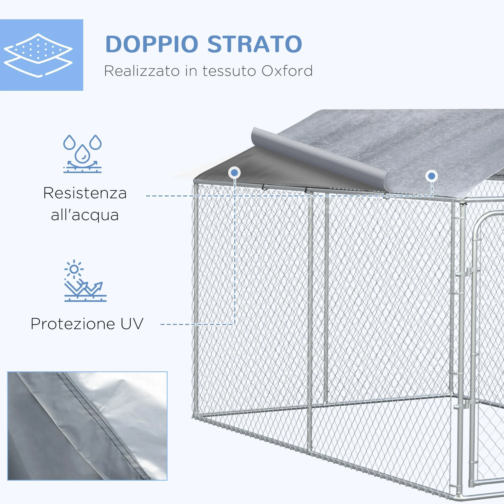 PawHut Kennel per Cani in Metallo Galvanizzato con Tettuccio in Tessuto Oxford, 400x230x232cm, Argento