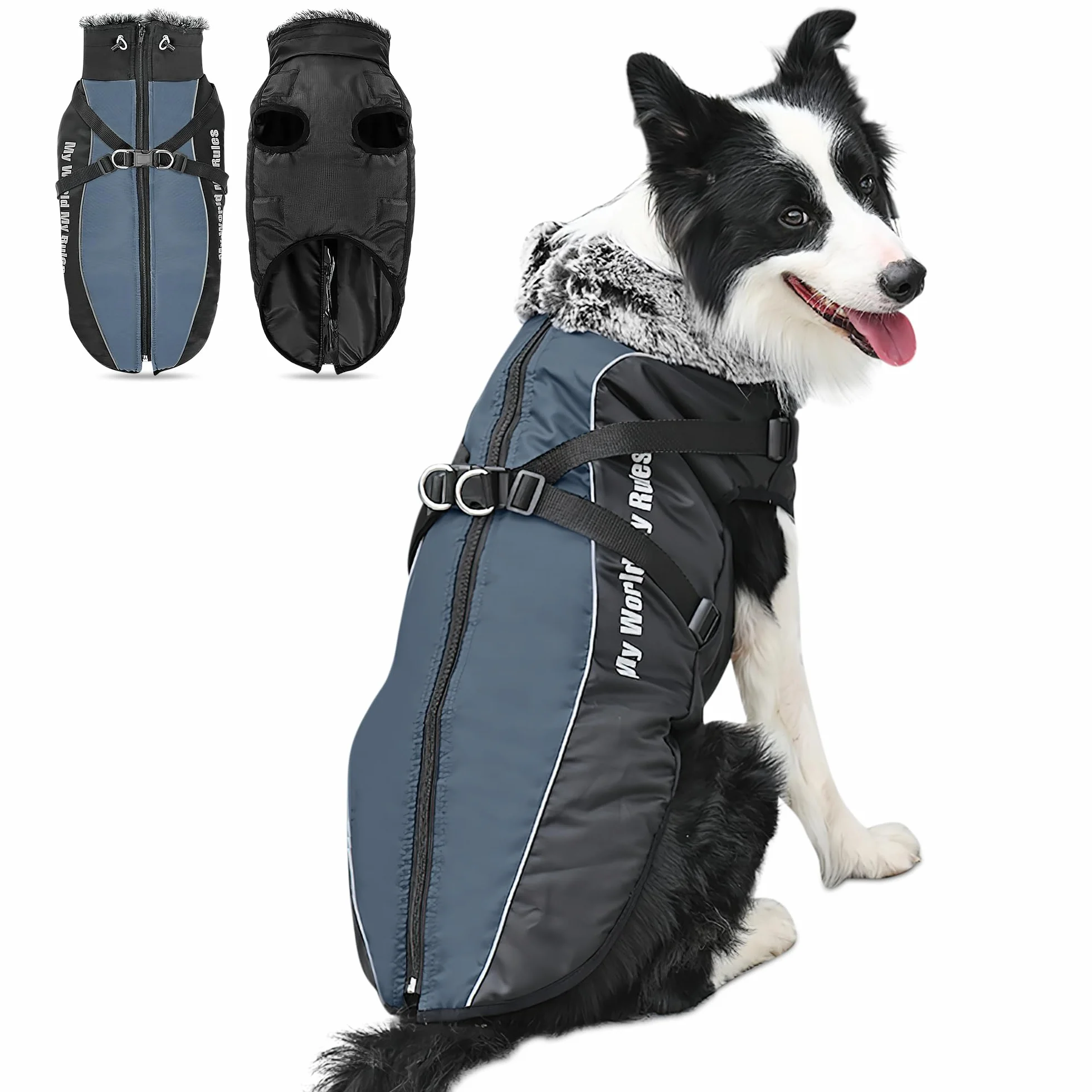 ALLSOPETS Cappotto per Cane Impermeabile e Caldo con Pettorina Integrata e Strisce Riflettenti, Giacca Invernale per Cani di Taglia Media e Grande (Grigio Ardesia, 2XL)