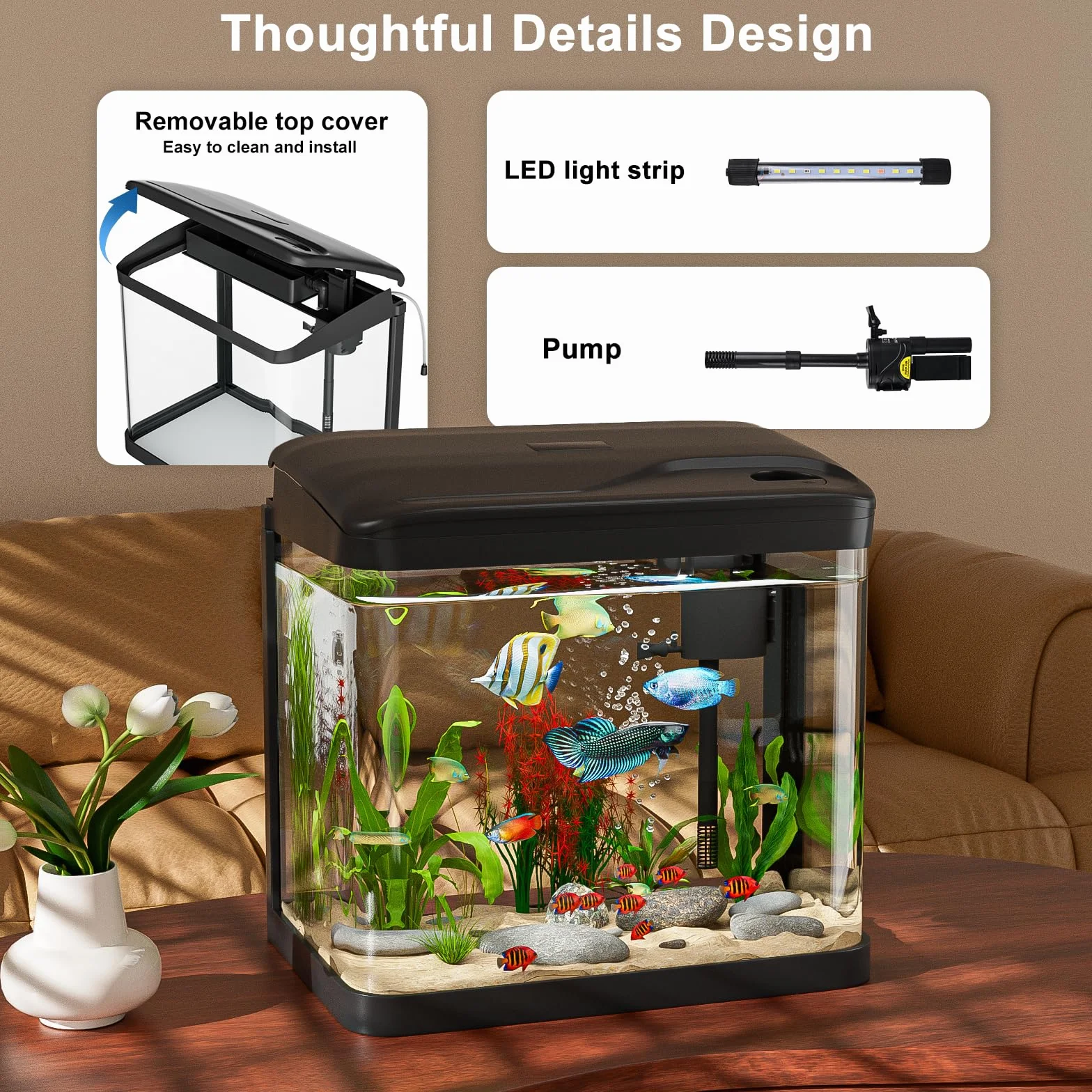 Acquario Piccolo in Vetro, GuKKK Completo Acquarios Per Pesci Rossi Tartarughe D'acqua con Illuminazione a LED e Sistema di Filtraggio,Nero,Set Per Principianti Mini Acquario Completo (10L)