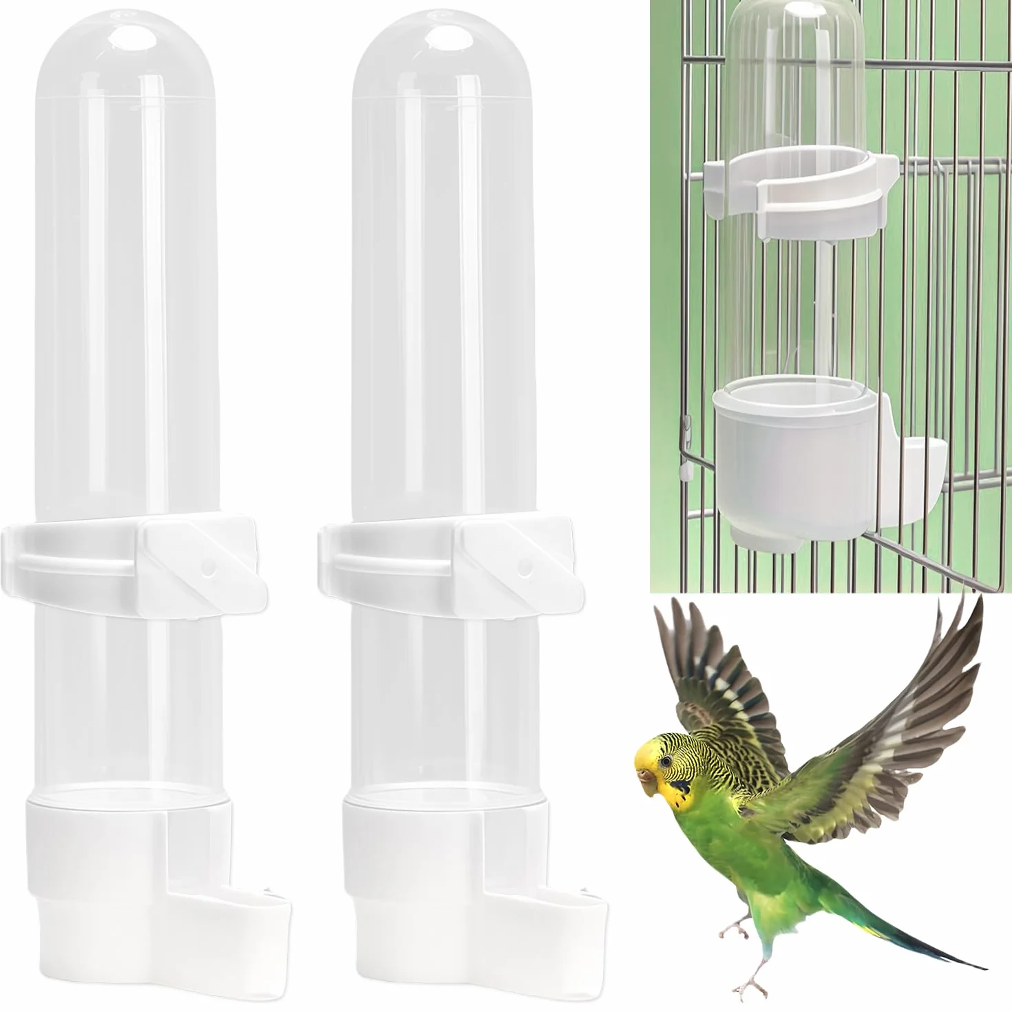 Mangiatoia per uccelli, 2 pezzi Distributore automatico di acqua per uccelli per pappagalli, parrocchetti, parrocchetti e calopsitte, Abbeveratoi per gabbia per uccelli Capacità 120 ml (bianco)