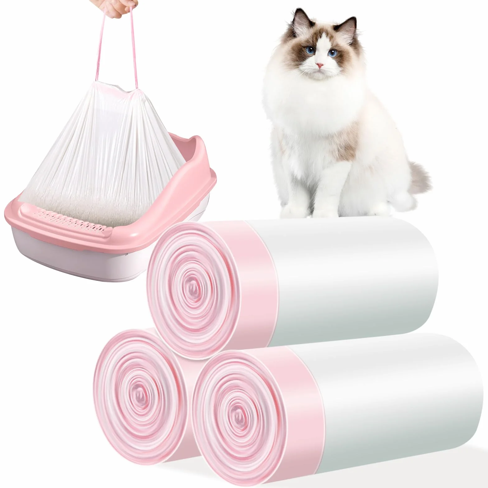 3 Rotolo Sacchetti Lettiera Gatto, 30 Pz Sacchetti per Lettiera per Gatti con Coulisse, Sacchetti per Lettiera Gatto Antistrappo, Sacchetti per Escrementi per Gatti Durevoli e Impermeabili (Rosa)