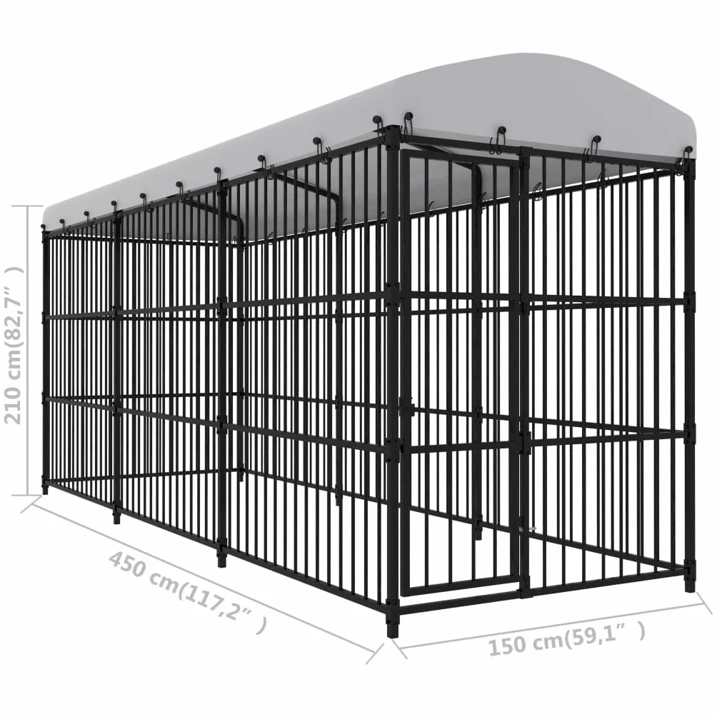 vidaXL Canile da Esterno con Tetto Robusta Sicura con Serratura Box Gabbia Protezione Recinzione per Cani 450x150x210 cm in Acciaio Zincato Nero