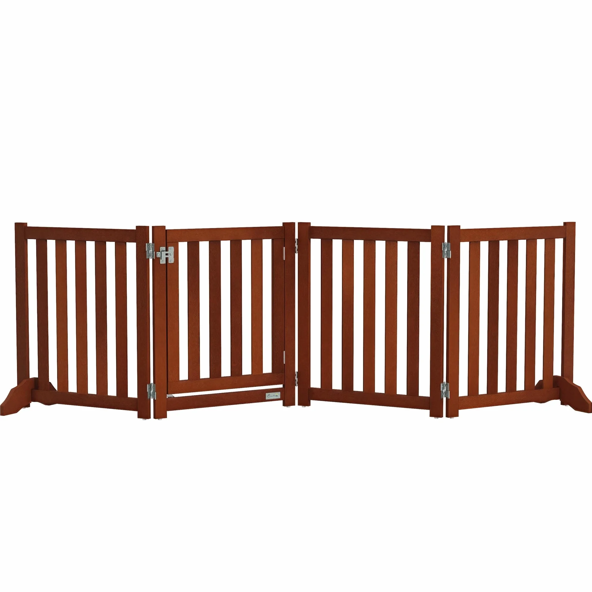 PawHut Recinto per cani in legno bifacciale pieghevole e autoportante, recinto per cani da interno a 4 pannelli con porta, con piedini di sostegno, per animali domestici, 205 x 60 cm, marrone