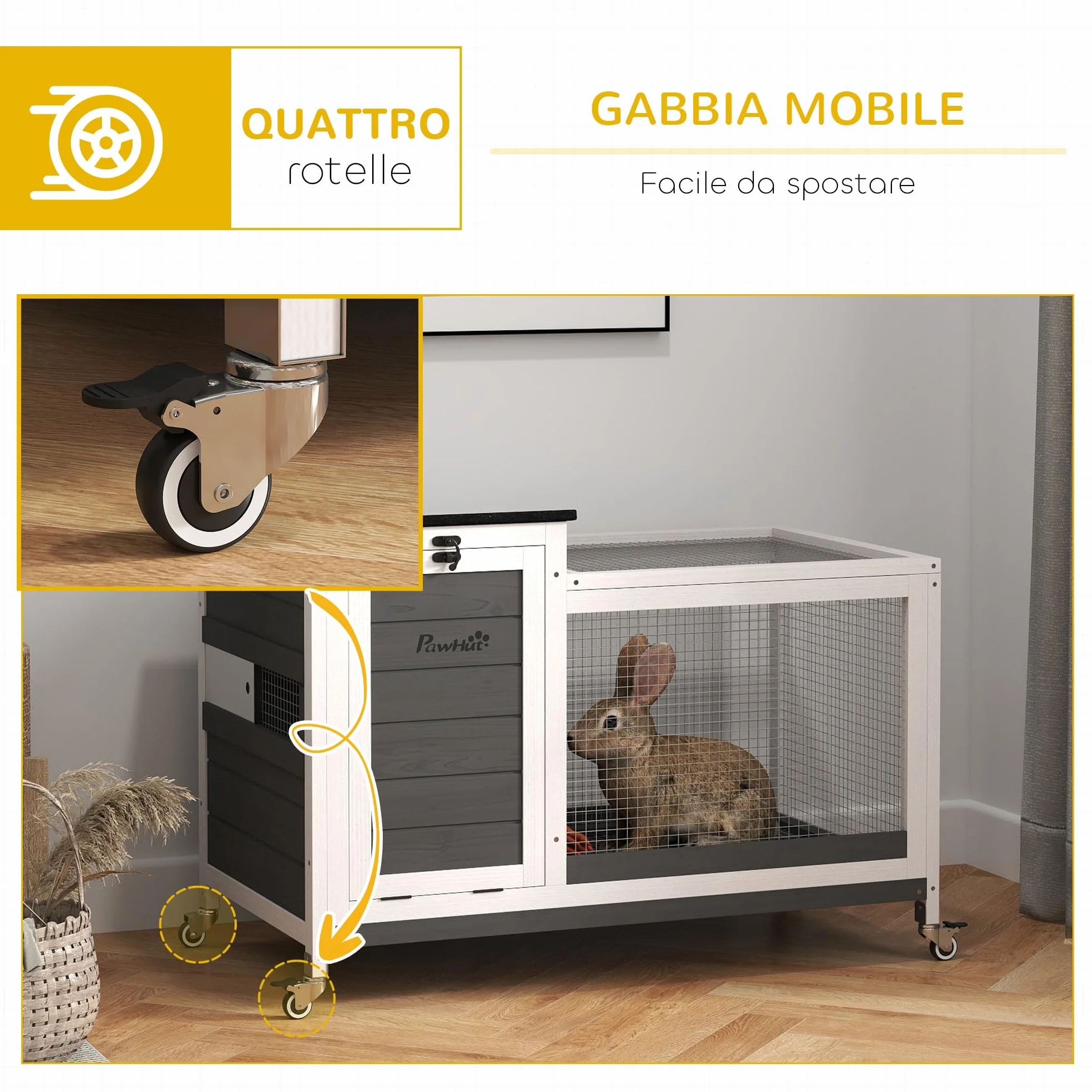 PawHut Conigliera da Esterno e Interno a Rotelle per 1-2 Conigli con Vassoio Estraibile e Ingressi Multipli, Casetta per Conigli in Legno di Abete e Acciaio, 91x51x66 cm, Grigio Bianco e Nero