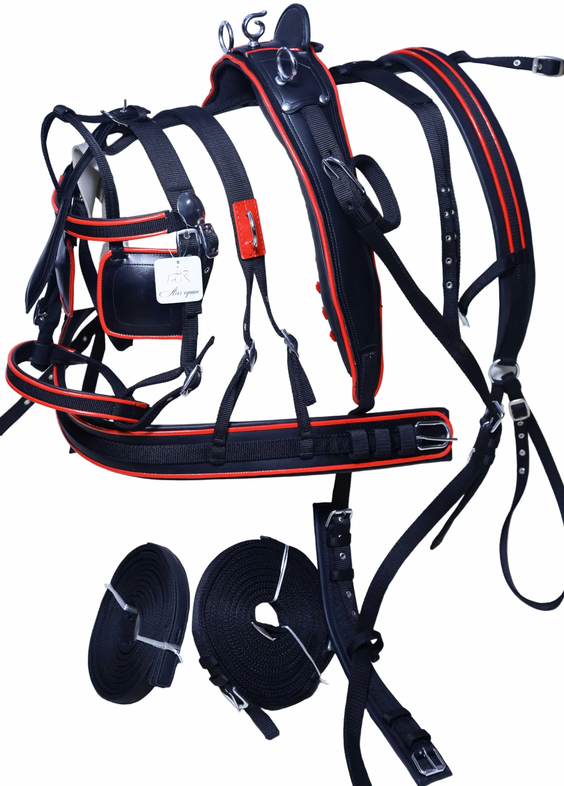 Imbracatura di guida in nylon per cavalli, colore nero e rosso, dimensioni piene, pannocchia, pony