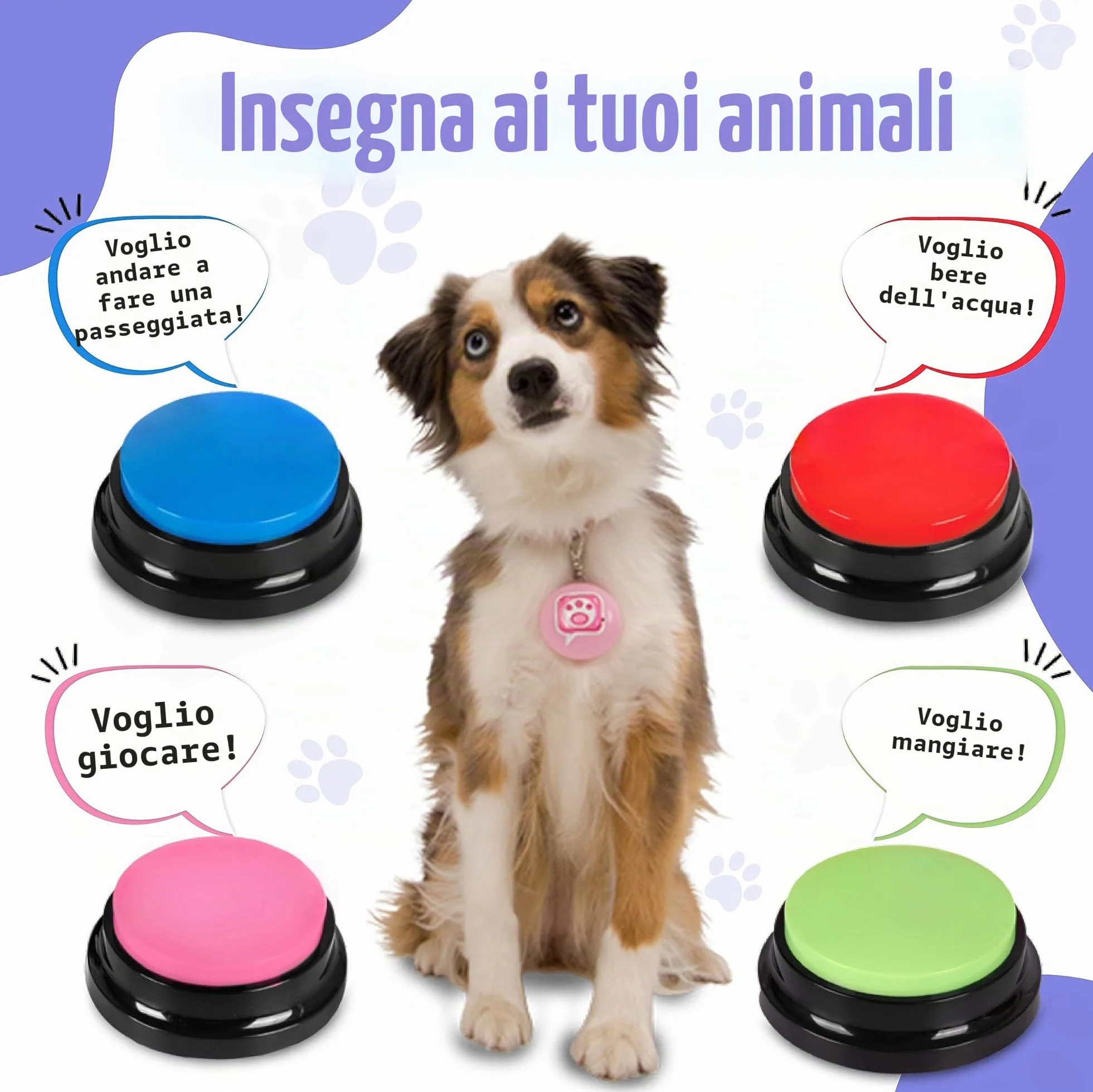 SUHSAI cicalini registrabili per Animali Domestici Buzzer per Cane con Funzione di Registrazione di 30secondi Strumento di Comunicazione per Animali Pulsante per Cani e Gatti-Confezione da 4
