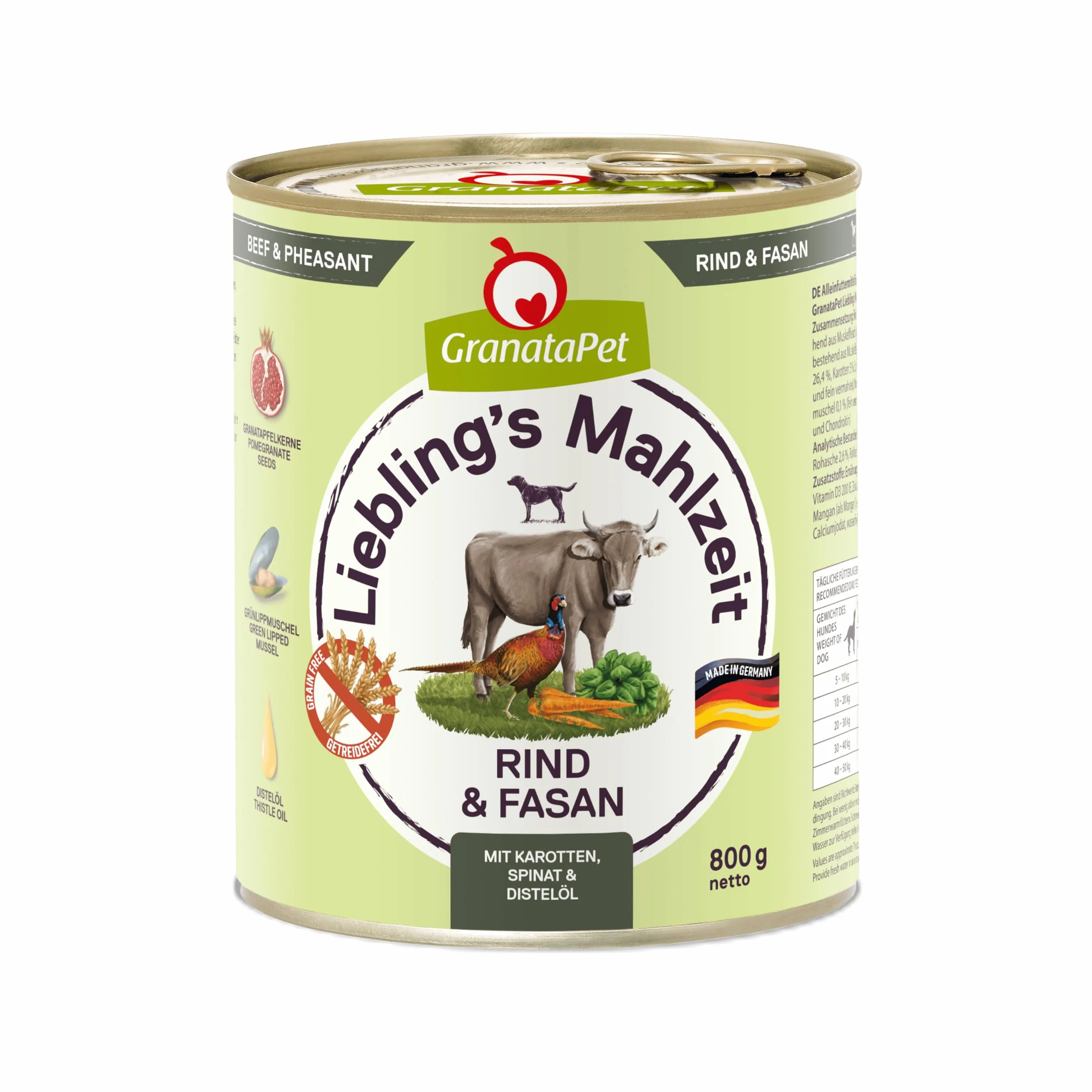 GranataPet Pasto Preferito di Manzo e Fagiano, Cibo Umido per Cani Senza Cereali, 6 x 800 g