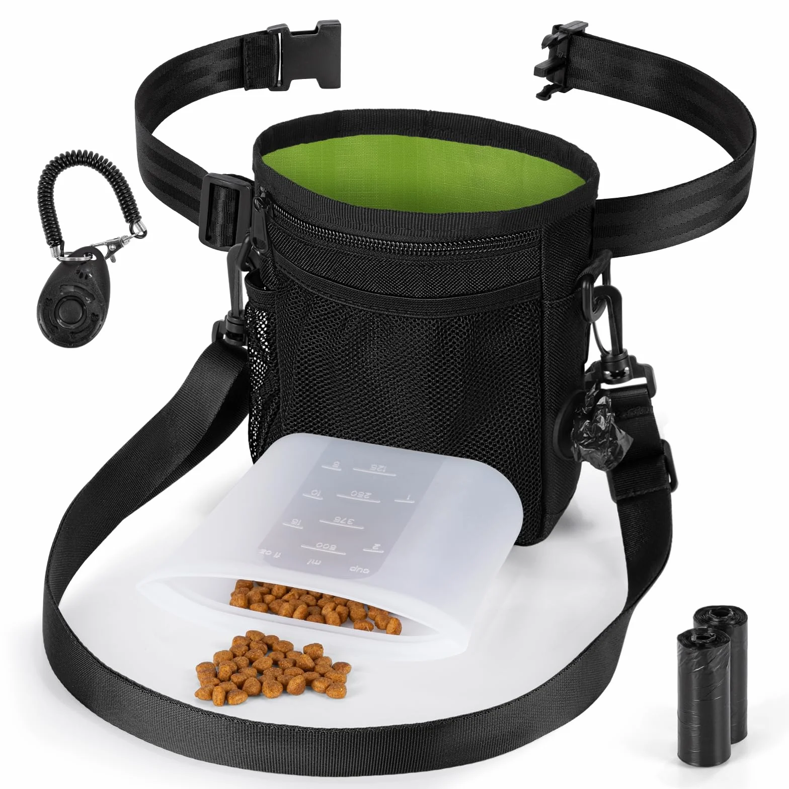 Porta Premietti per Cani Porta Sacchetti Cane Set di Contenitore Crocchette Cani con Sac Interno Silicone&Clicker per Cani&Sacchetti Cane Cacca Dispenser&Tracolla Regolabile per Addestramento Cane