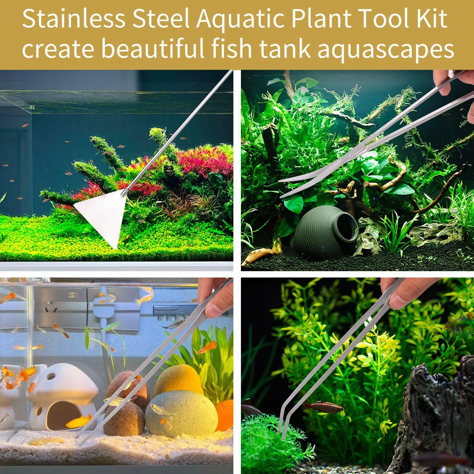 Strumenti per Acquario 5 in 1 pinzette lunghe forbici spatola rete per pesci imbuto per alimentazione - argento