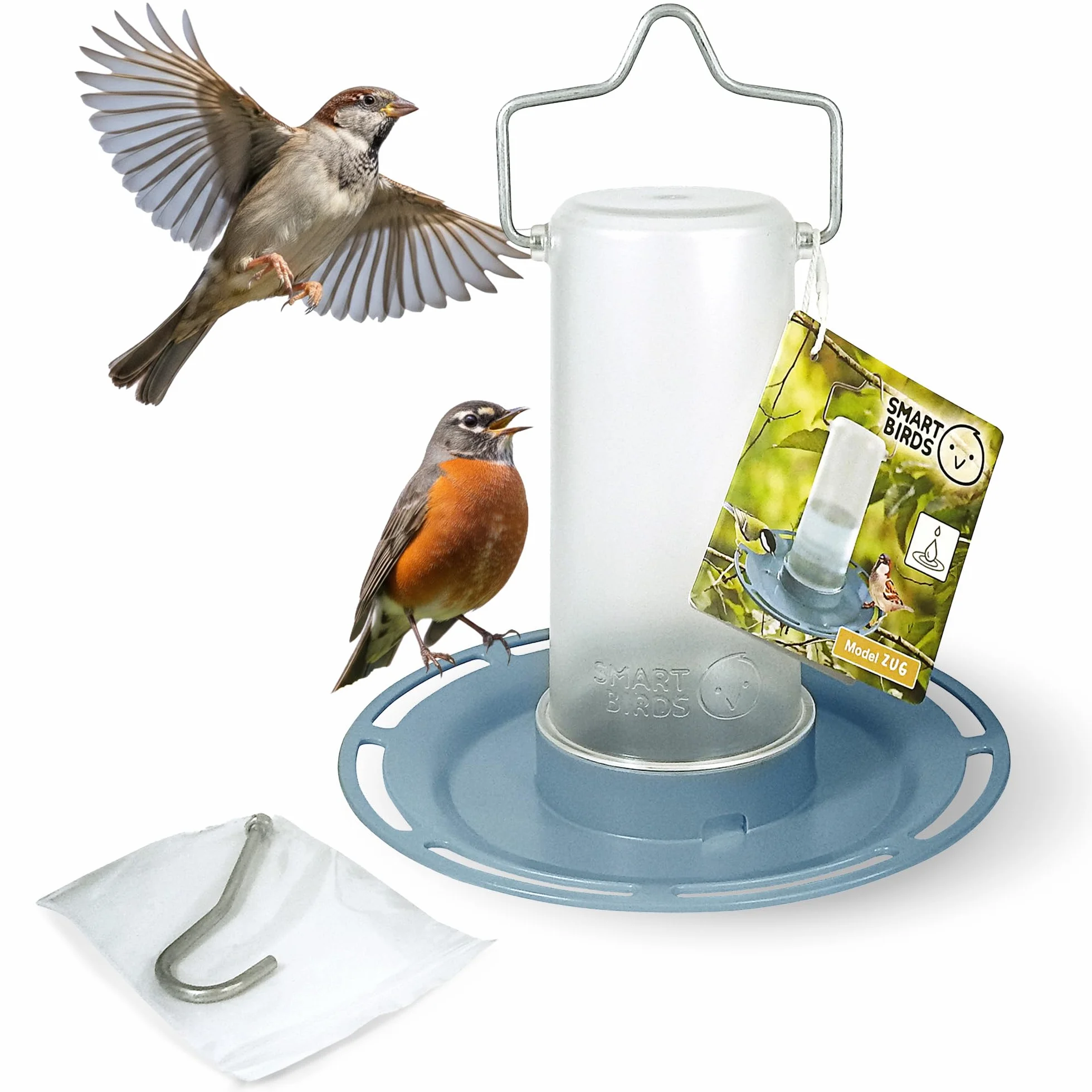 SWISSINNO Abbeveratoio per uccelli Zug SMART BIRDS Azzurro chiaro – Resistente ai raggi UV in plastica PC e ASA – Distributore d’acqua balcone terrazza giardino – Durevole e facile da pulire