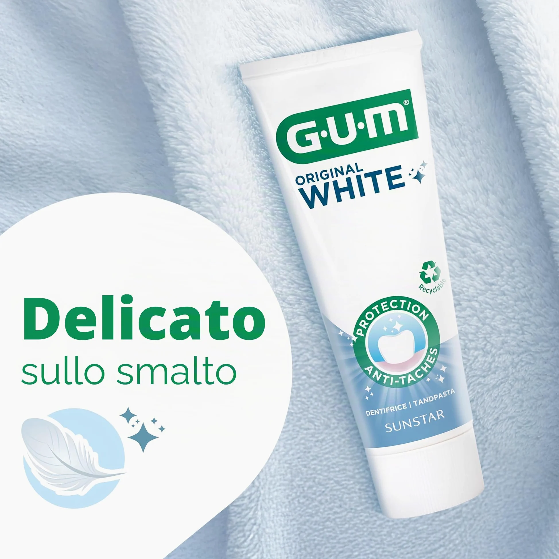 GUM Dentifricio bianco originale, ripristina il bianco originale dei denti, fluoruro e isomalto proteggono lo smalto (6 x 75 ml)