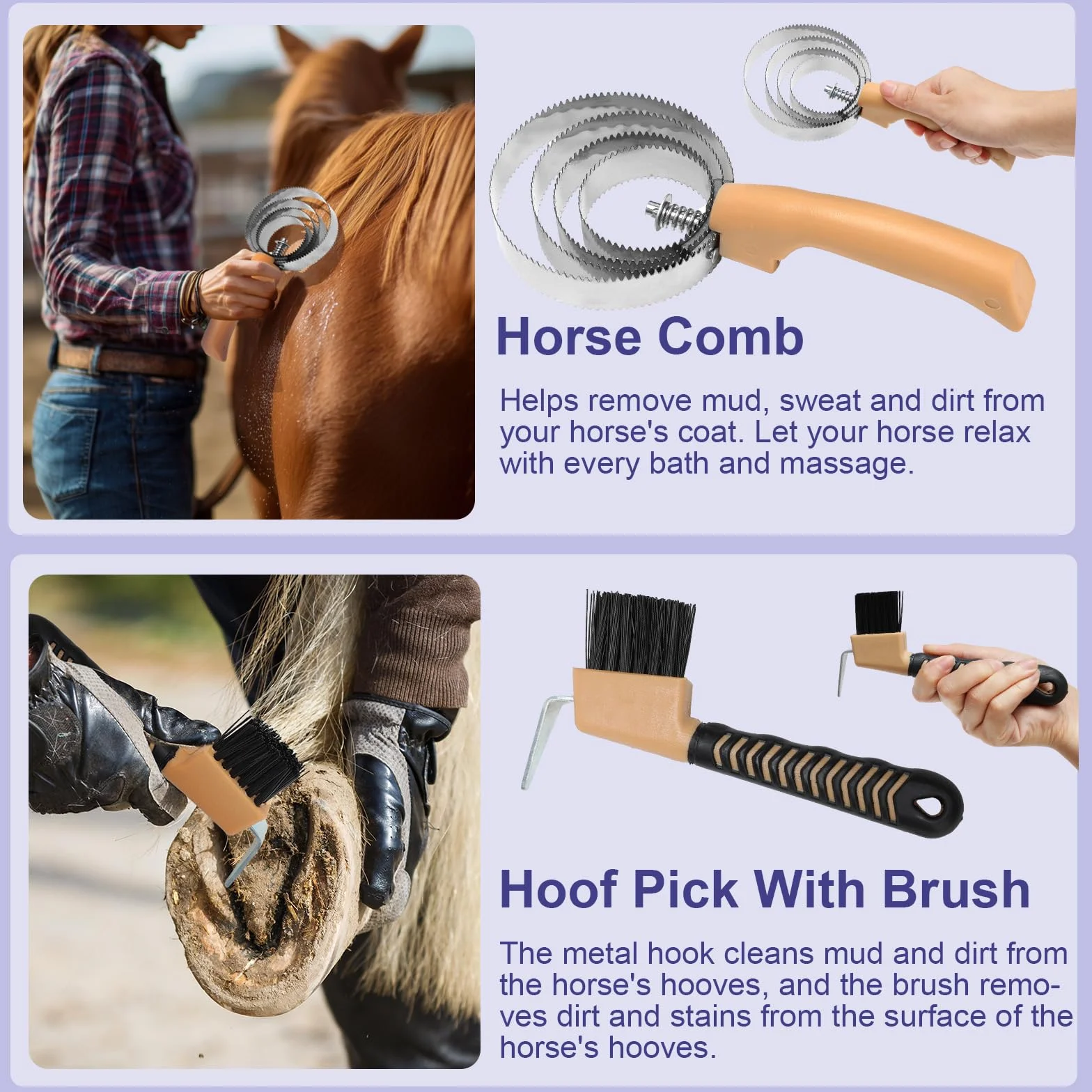 Kit per la toelettatura del cavallo da 13 pezzi con 12 accessori e 1 borsa portaoggetti, Serie Horse Care, Giallo, Spazzole per cavalli, Spazzole in setola, Toelettatura del cavallo