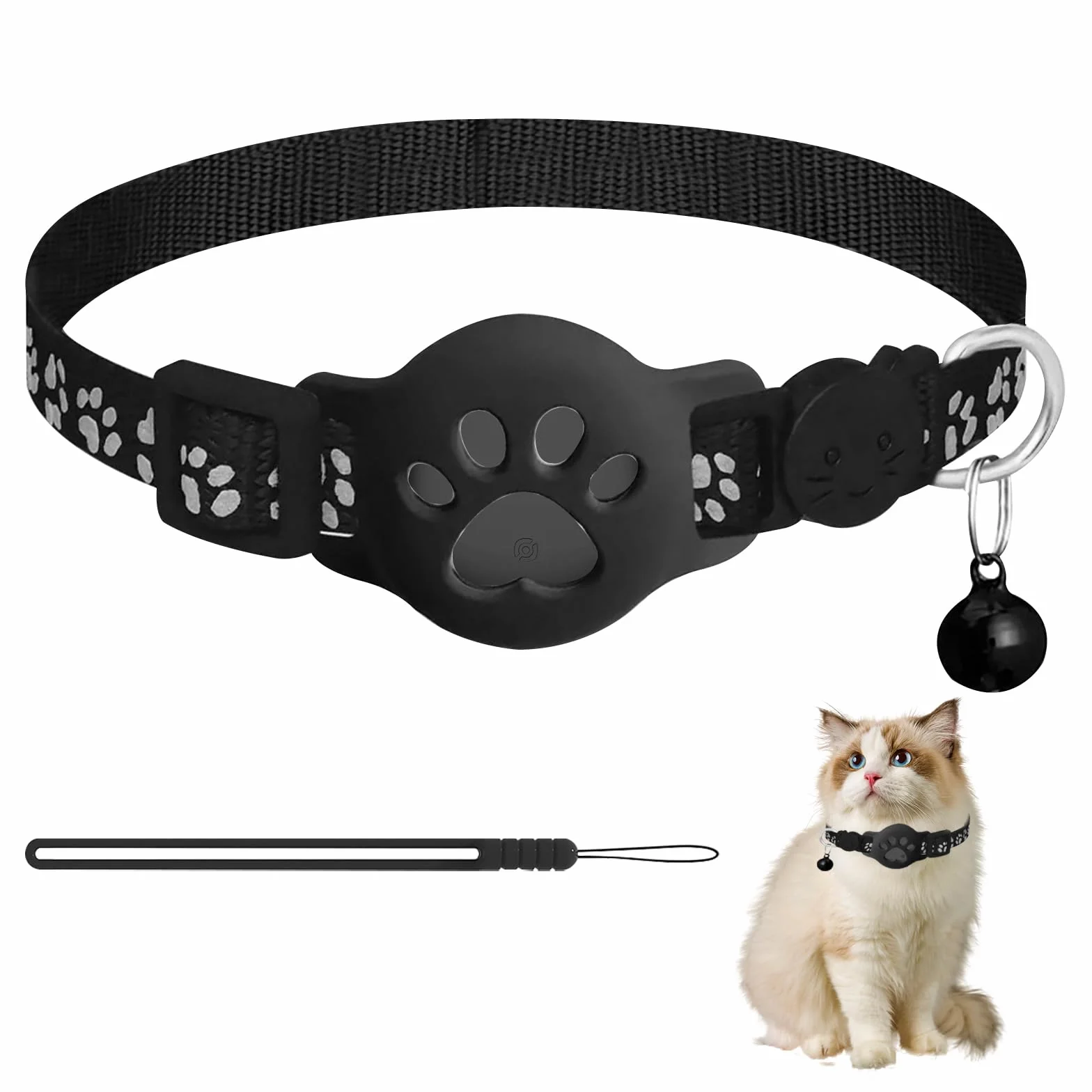 Localizzatore per Gatti, Tracker Collare per gatti, Design impermeabile e regolabile con strisce riflettenti, compatibile con dispositivi Apple e Android (nero)