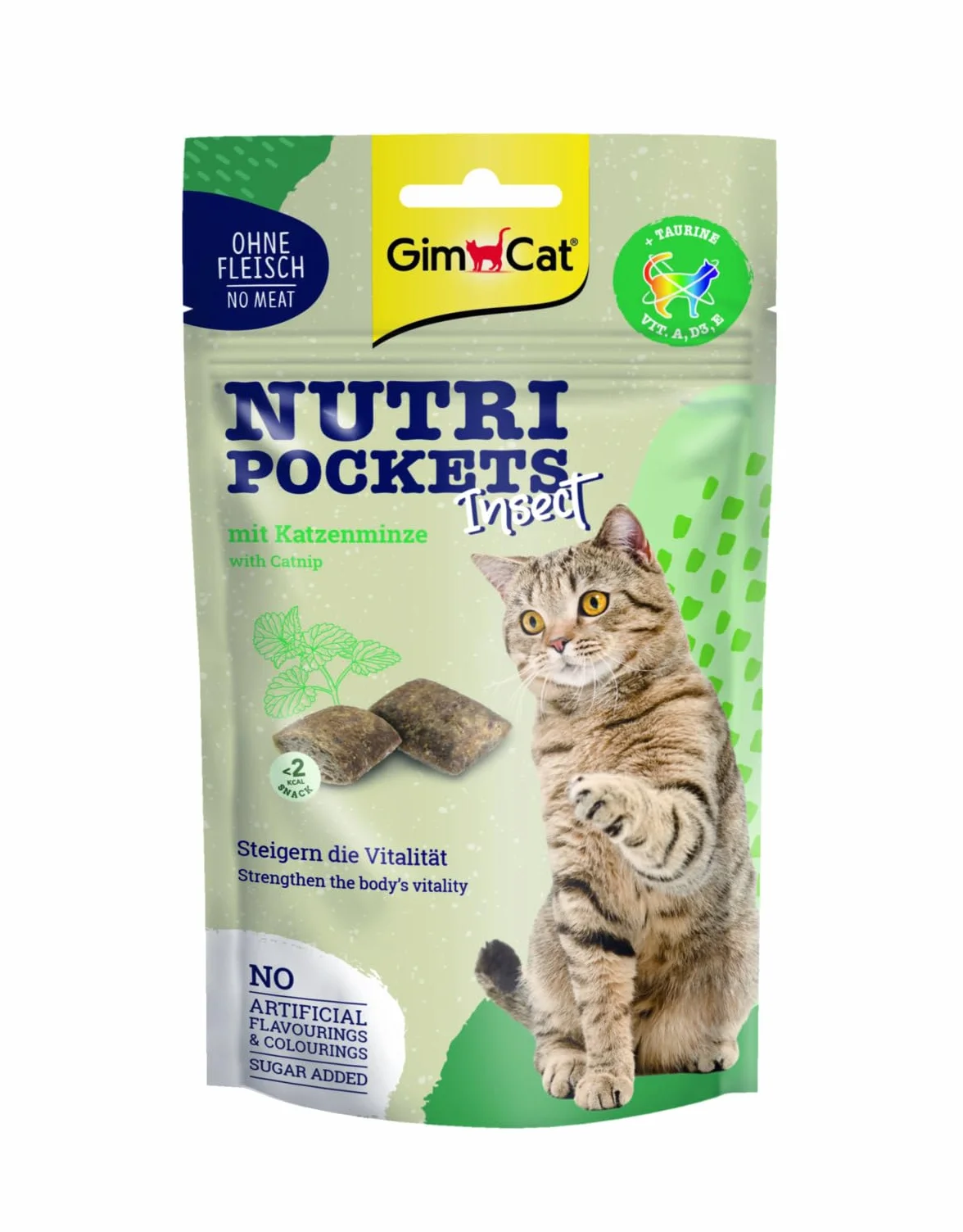 GimCat Nutri Pockets insetto & erba gatta – Spuntino croccante con ingredienti funzionali – 1 sacchetto (1 x 60 g)