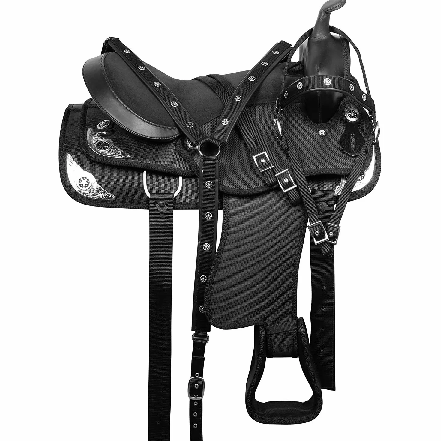 Western Horse Saddle Synthetic Pleasure Trail Barrel Racing Tack Set Nero 25,4 cm a 45,7 cm Seat 001