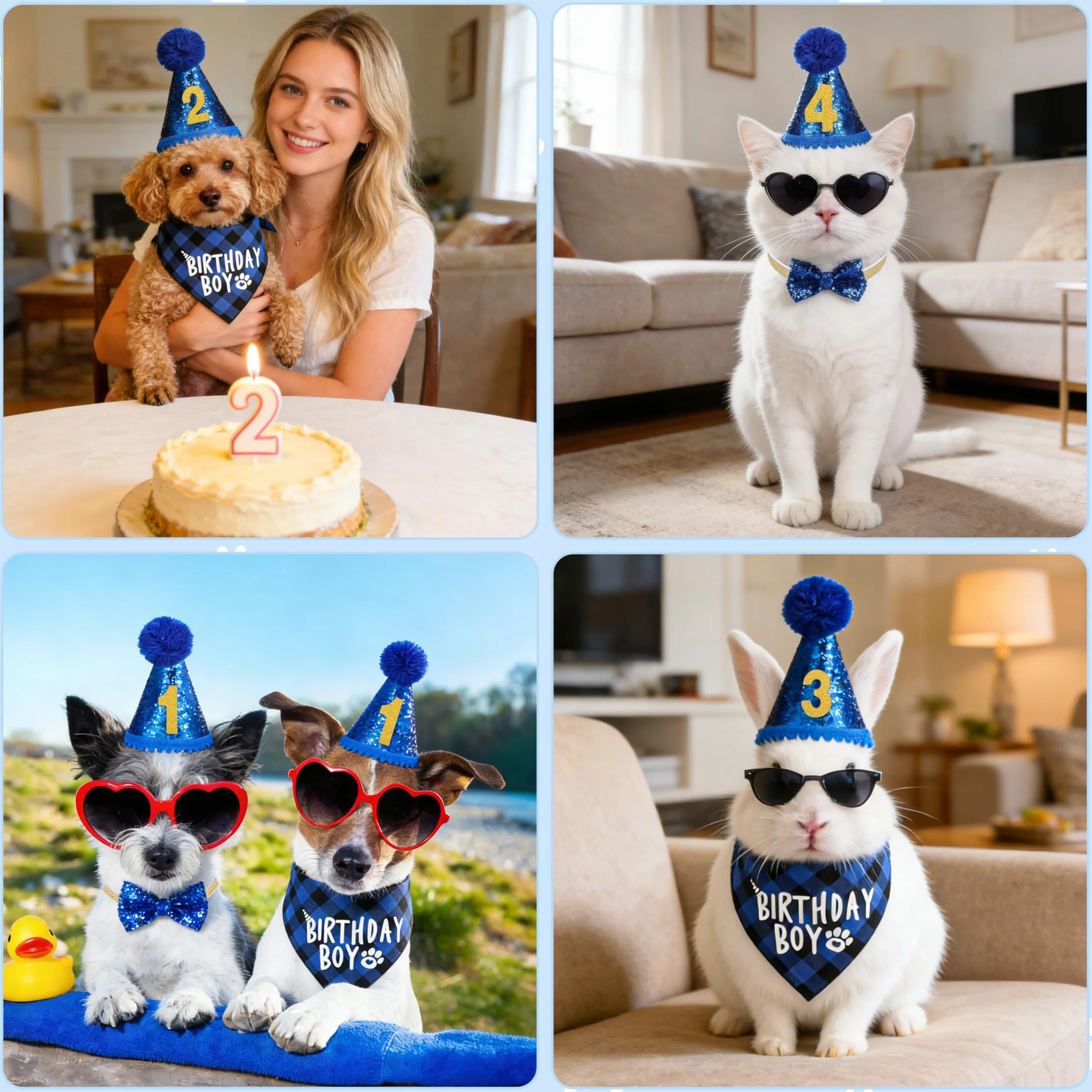 Set di Bandana Compleanno per Cani con Cappello e Pompon, Numeri Bling Adesivi 4 Pezzi Blu
