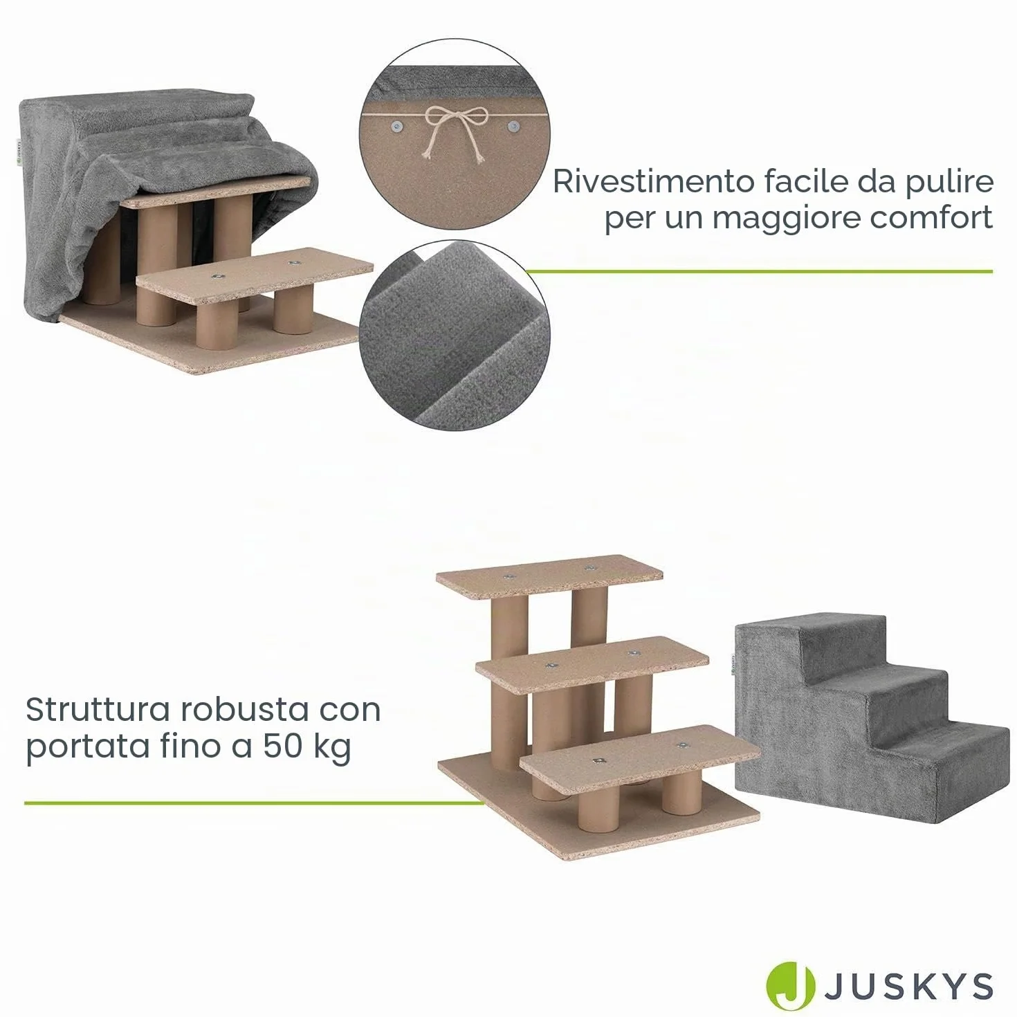Scaletta per animali Juskys, 36 cm, a 3 gradini con peluche lavabile, per cani e gatti, ideale per letto, divano, sofà e auto - Rivestimento grigio