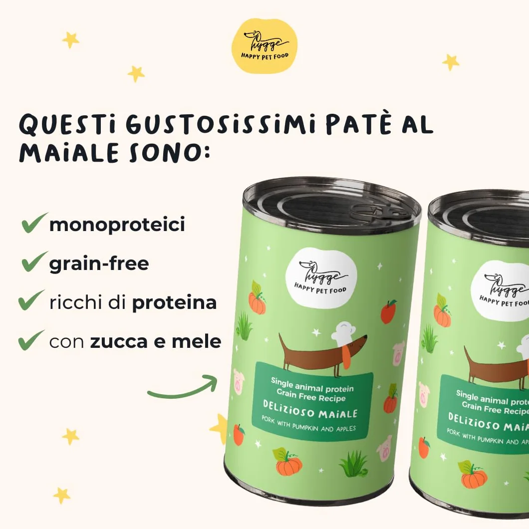 Hygge Dog Cibo Umido per Cani Monoproteico al Maiale | Con Patate e Finocchietto | Cibo Per Cane Adulto | Senza Cereali, Ideale per Dogs Sensibili | Prodotto in Italia | 12 x 400g