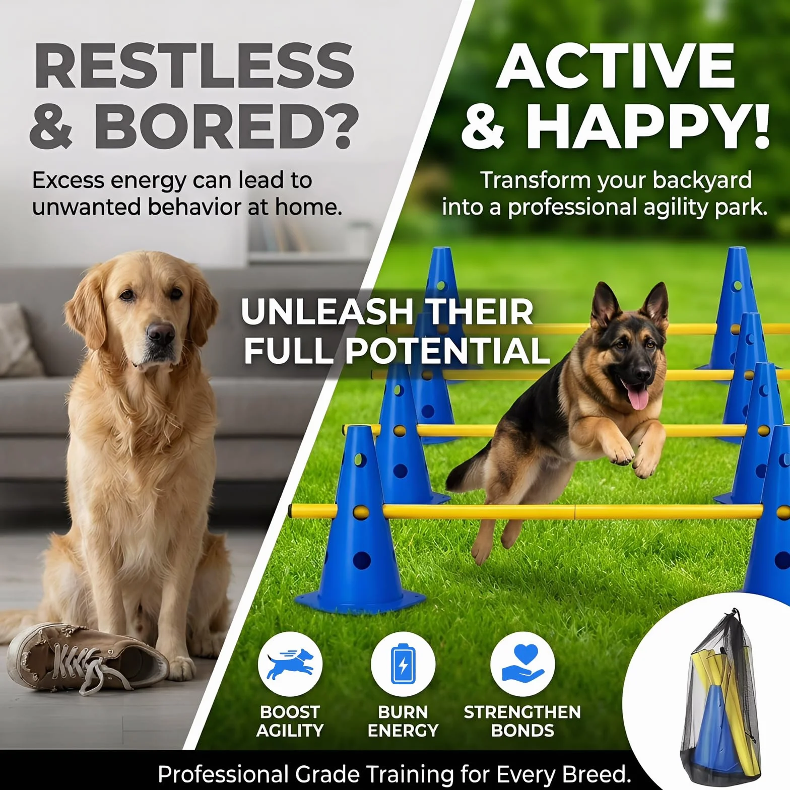 Kit Ostacoli Agility Impilabili, 10 Coni + 5 Barre (80cm) - Ostacoli Regolabili per Addestramento di Coordinazione per Bambini, Cani e Cavalli, Salti per Percorsi Cinofili ed Equitazione