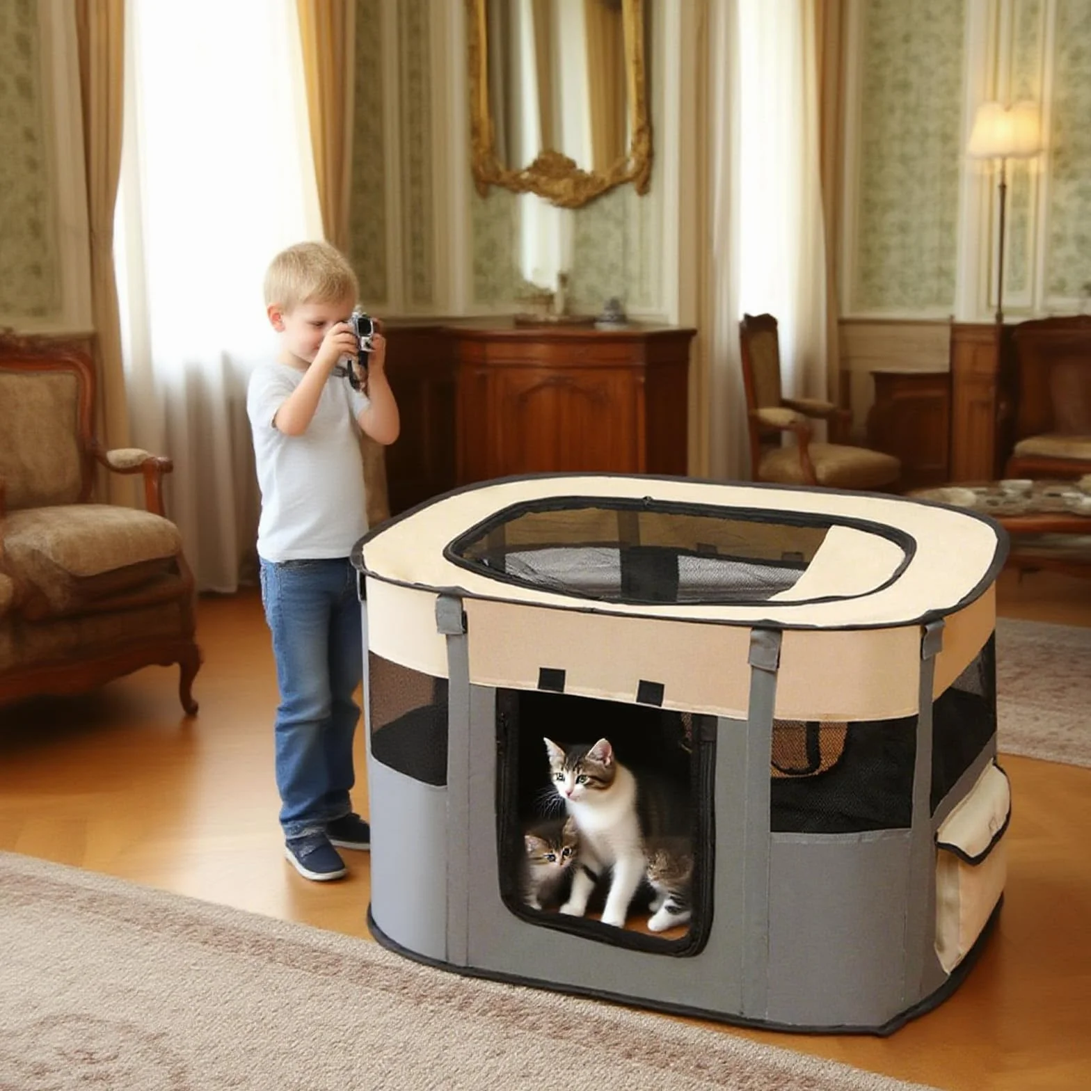 Recinto per Cani 70 x 55 x 40 cm Pieghevole per Gatti da Interno Traspirante Portatile