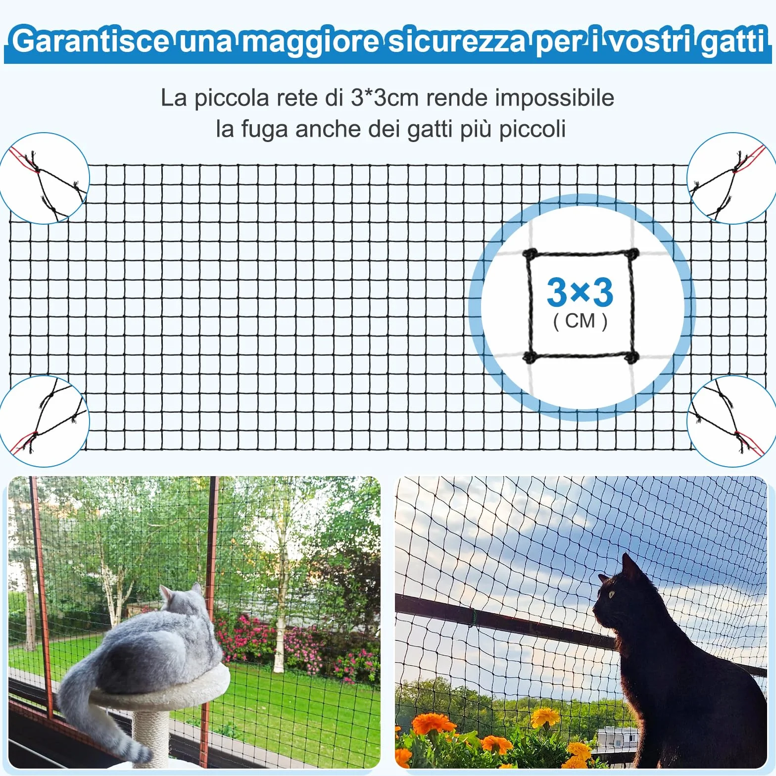 Aystkniet Rete per Gatti | Extra Rinforzato con Filo | 3x2m Rete per recinzioni incl. Corda di Fissaggio | Rete per Gatti Balcone | Rete Gatti | Rete Protezione Gatti Balcone