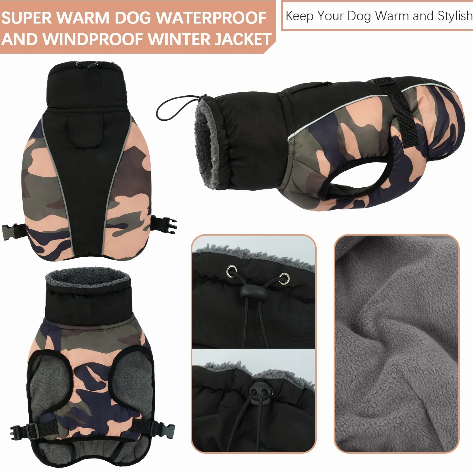 Cappotto per cani impermeabile Giacca invernale calda, Giacca per cani antivento Abbigliamento per cani Completo per cani di taglia piccola di taglia media Con Striscia Riflettente
