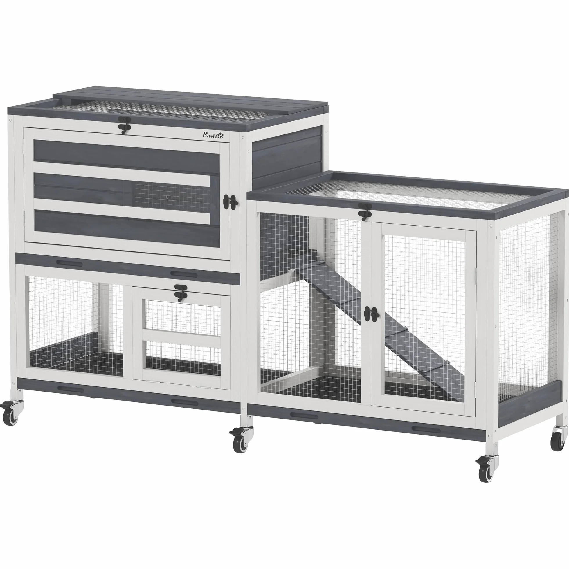 PawHut Conigliera da Interno a 2 Livelli, Gabbia per 2-3 Conigli con 6 Ruote, Rampa, Tetto Apribile, Area Aperta e 3 Vassoi, Cassetta per Conigli in Legno di Abete, 147x45x89.5 cm, Grigio
