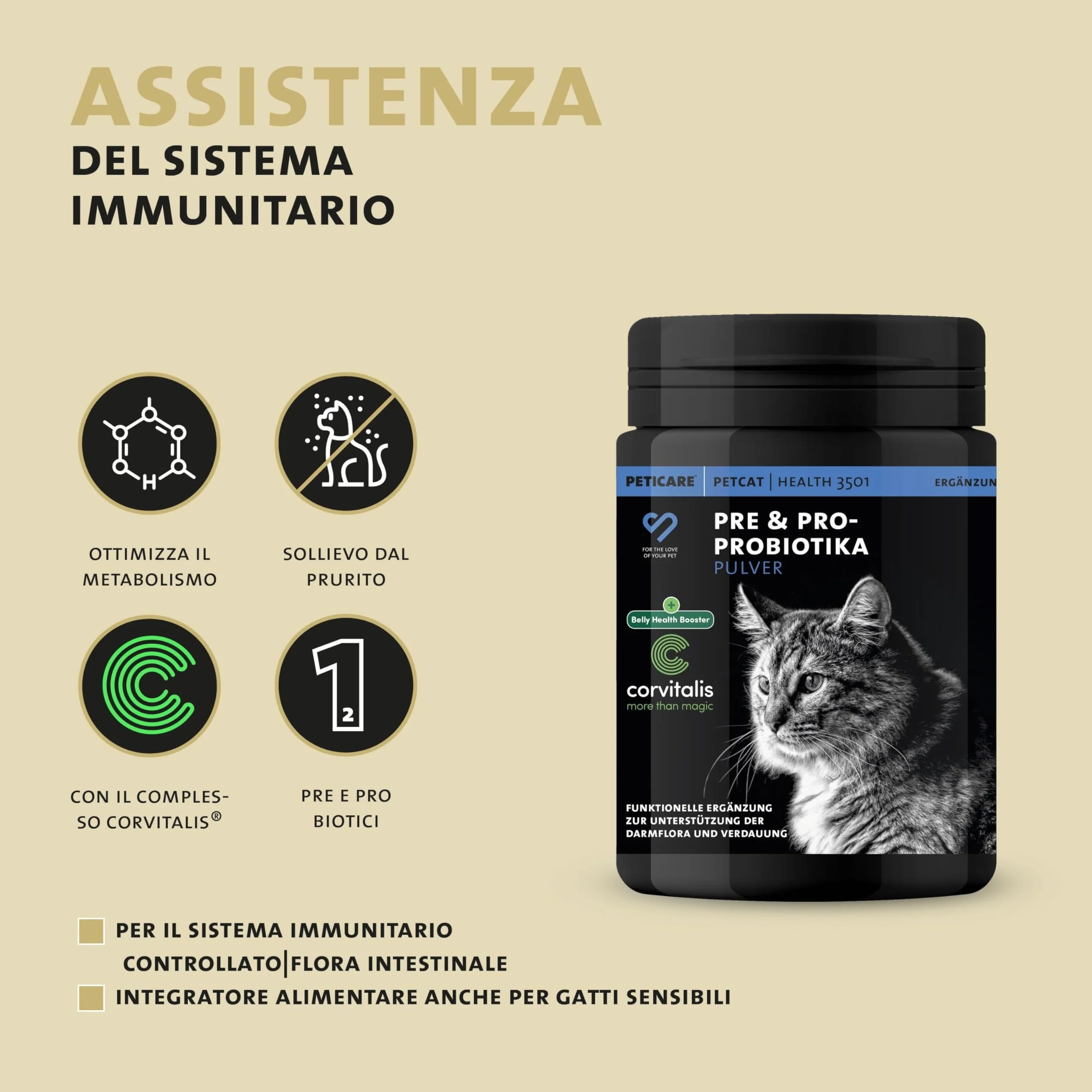 Peticare Polvere Flora Intestinale Gatti – Supporto Naturale per la Digestione – Con Probiotici e Prebiotici – Integratore Gastrointestinale