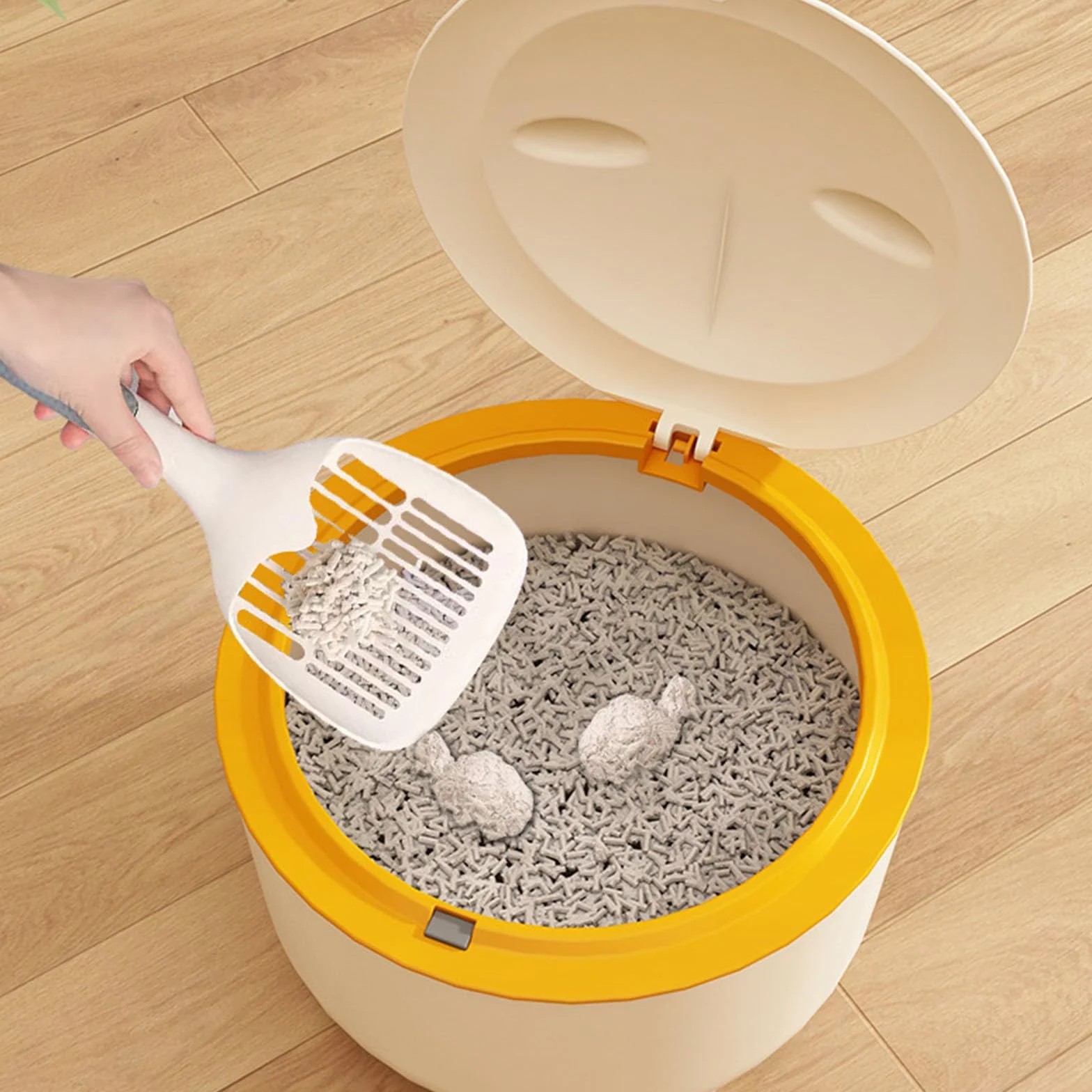 Pattumiera multifunzionale per gatti con coperchio a pressione dal design chiuso, ideale per il controllo degli odori in una soluzione di rifiuti domestici adatta ai gatti