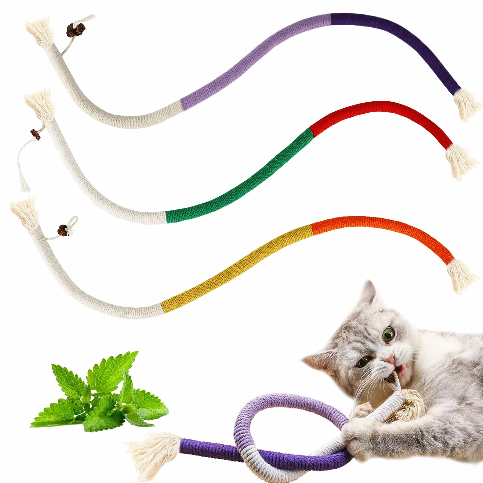 DANCOLOR Giocattoli di erba gatta per gatti da interni, giocattoli in corda serpente con frutto della gallina per giocare a masticare i denti, giocattolo interattivo da masticare per gatti in colori