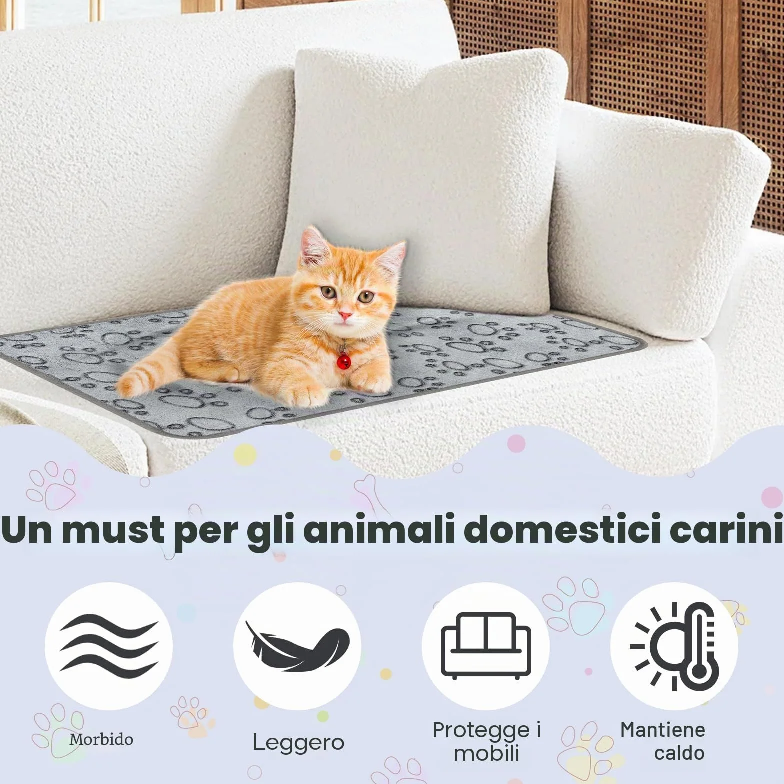 Coperta Per Cani Lavabile Flanella Morbida Calda 60×40cm Grigio Impronte Zampe