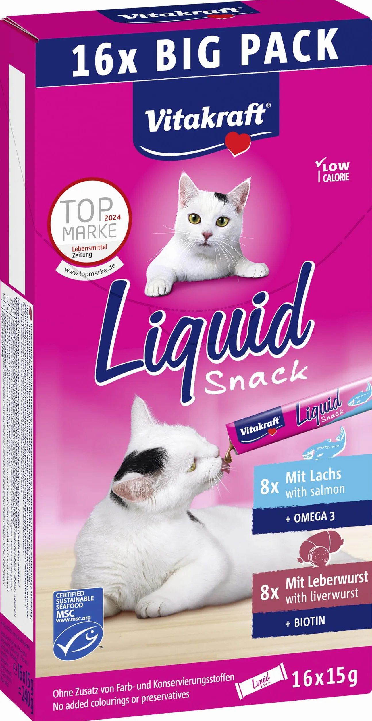 Vitakraft Liquid Snack golosità per gatto cremoso patè fegato biotina salmone omega 3 bustine singole 16 x 15g