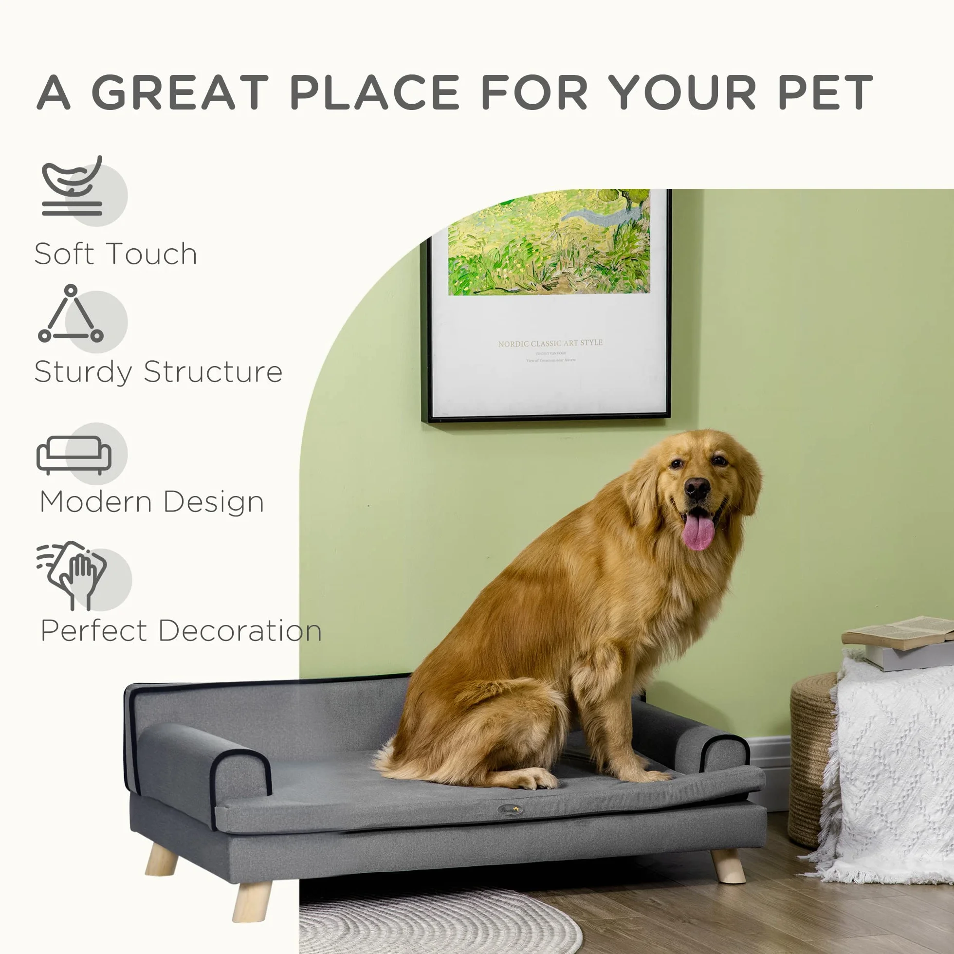 PawHut Divano per cani con gambe, tessuto impermeabile per cani di taglia grande e media, grigio