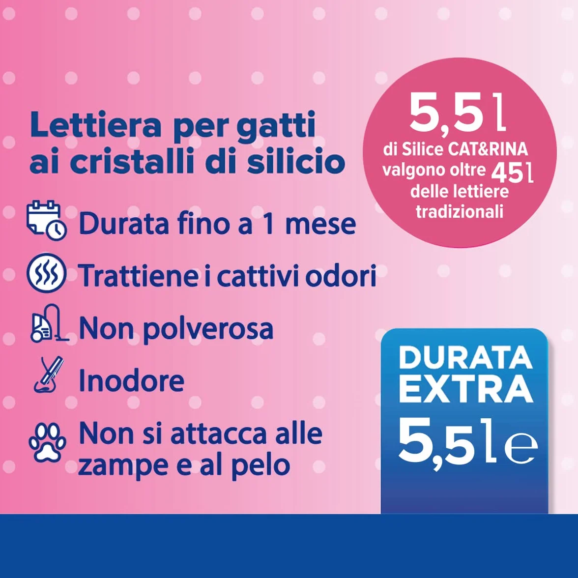 Cat&Rina Long Life Lettiera per Gatti ai Cristalli di Silicio Super Assorbente. Sabbia Priva di Polvere e Sicura fino a 30 giorni di utilizzo. Anti Odore,Profumazione Classica. Confezione da 5.5l