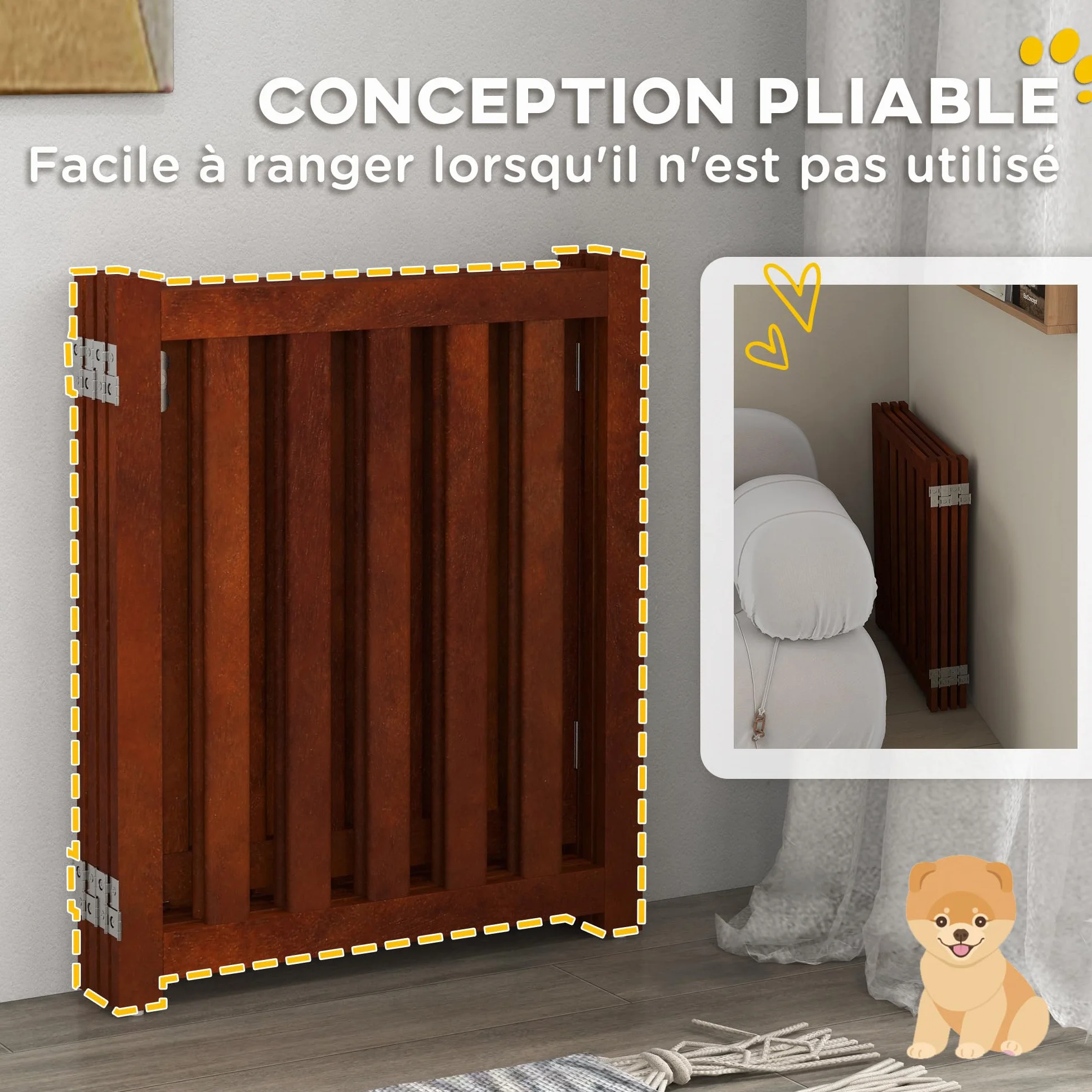 PawHut Recinto per cani in legno bifacciale pieghevole e autoportante, recinto per cani da interno a 4 pannelli con porta, con piedini di sostegno, per animali domestici, 205 x 60 cm, marrone