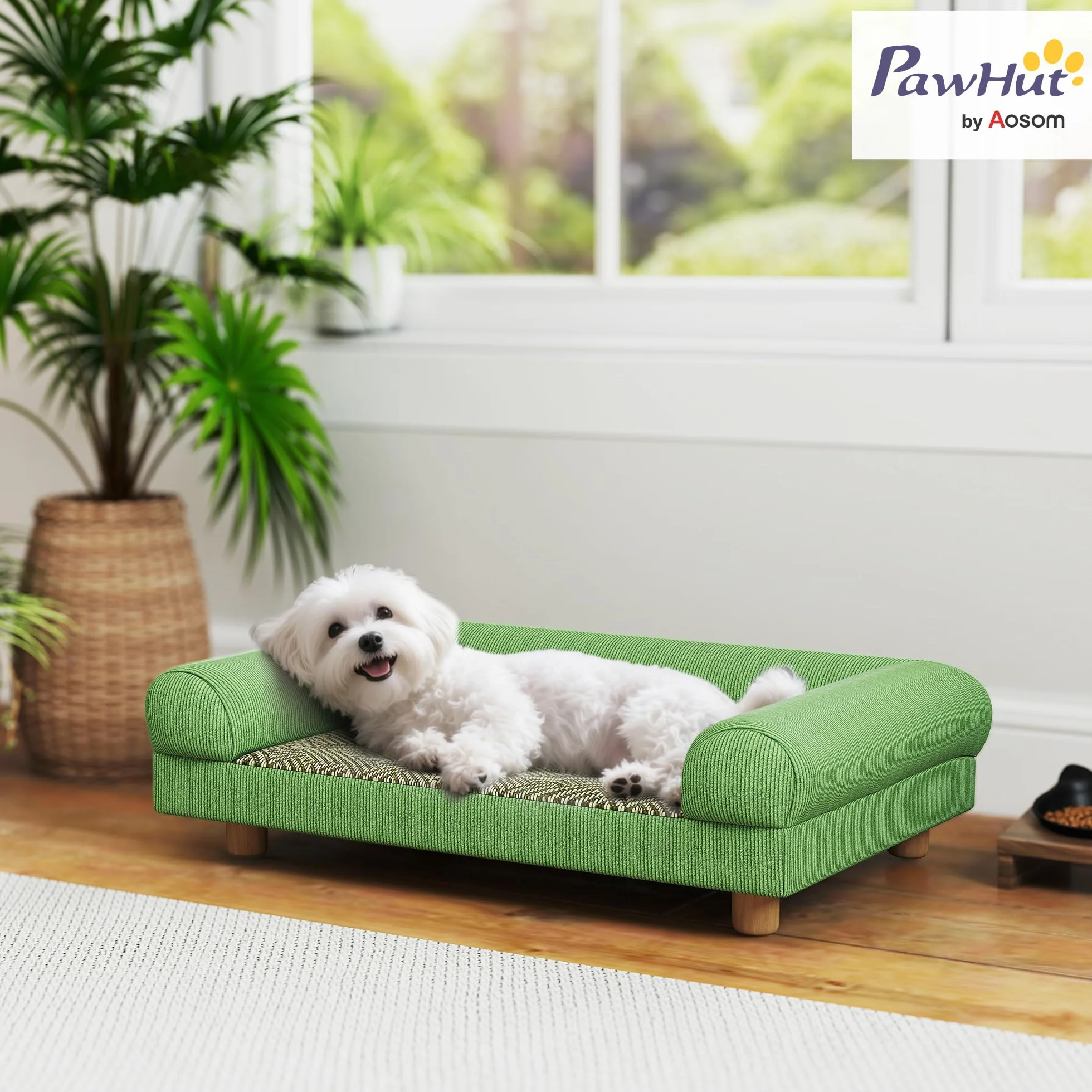PawHut Divano per cani gatto Letto rialzato per cani con seduta in moquette fresca, braccioli e piedi, in morbido velluto, per animali domestici fino a 5 kg, 63 x 41 x 17 cm, verde