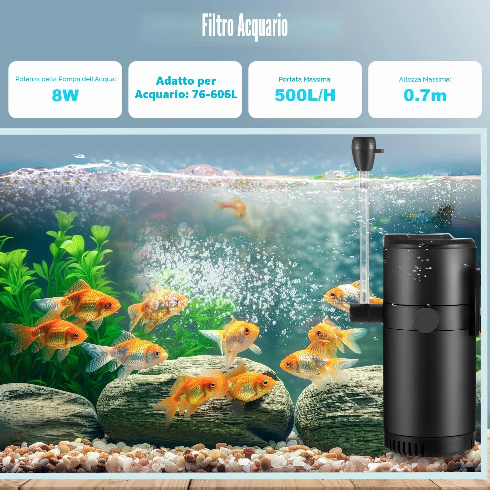 Filtro interno per acquario con flusso da 8 W 500 L/H per acqua pulita, flusso d'aria regolabile, basso rumore, onde e silenzioso