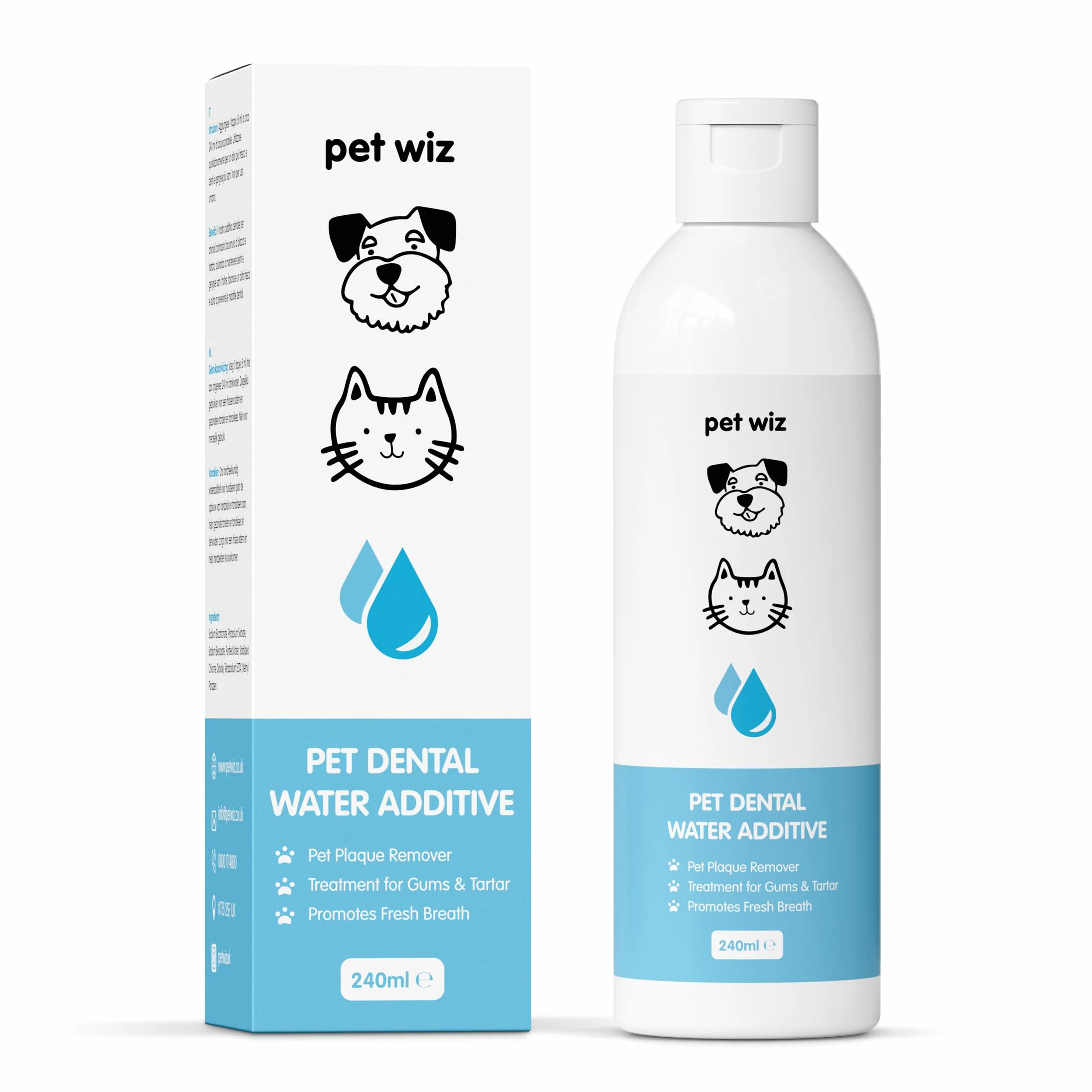 Pet Wiz Additivo per Acqua Dentale per Cani e Gatti, combatte l'alito Cattivo, rimuove placca e tartaro, promuove Gengive Sane, 240 ml
