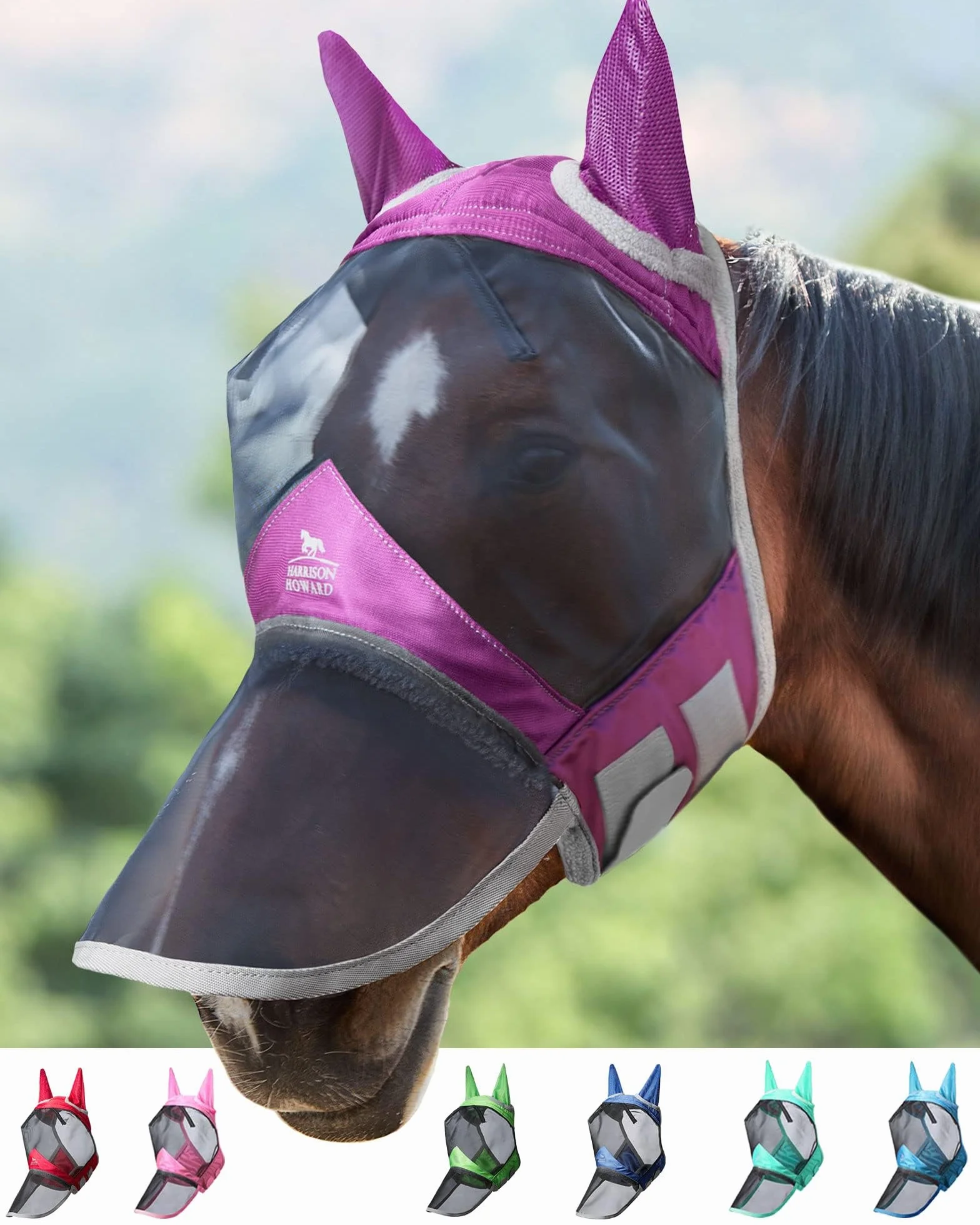 Harrison Howard CareMaster Pro Maschera luminosa contro le mosche per cavalli, protezione UV, magenta scuro, taglia M