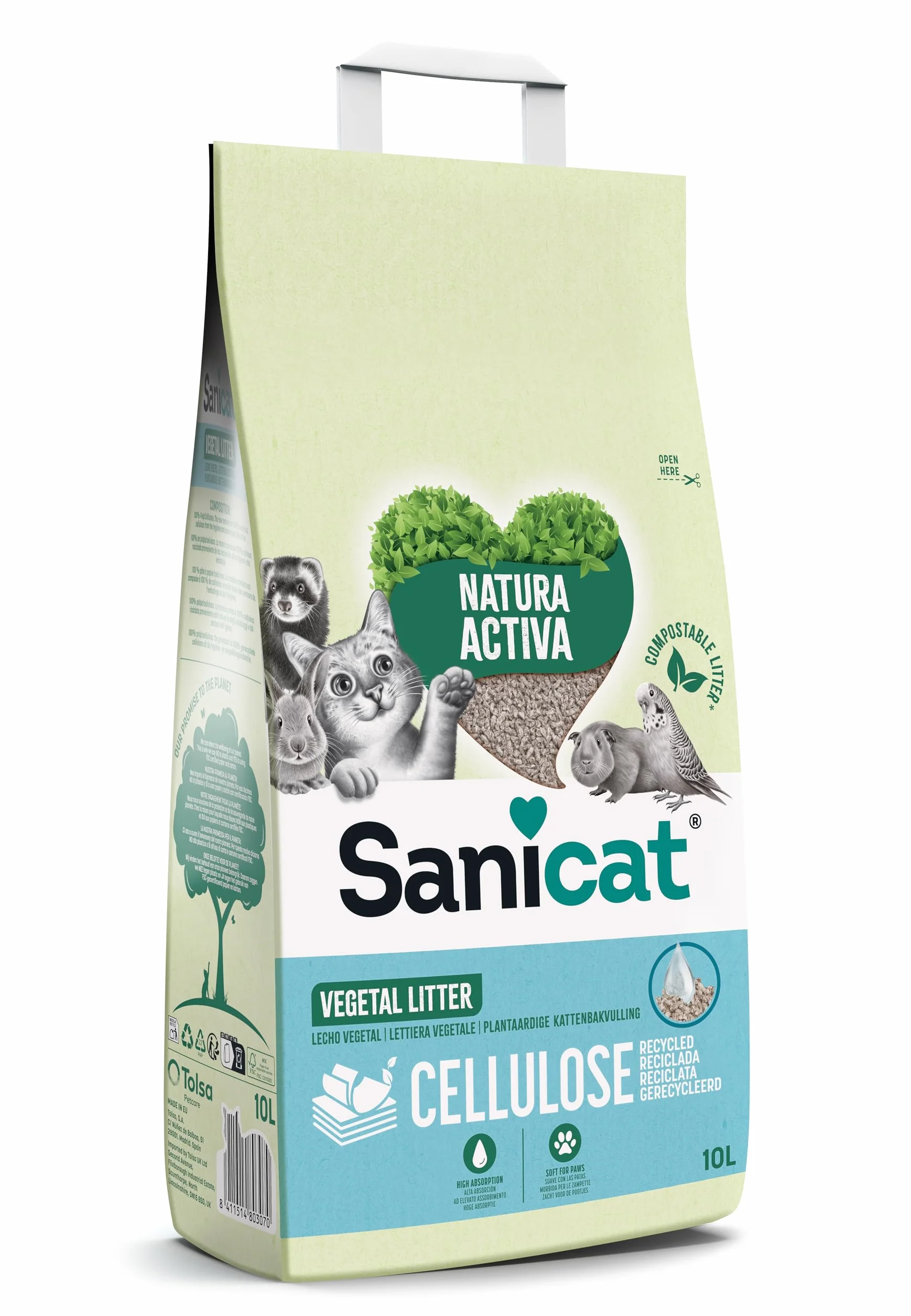 Sanicat - Lettiera assorbente multipet in cellulosa riciclata | Assorbimento superiore e controllo degli odori | Prodotto ecologico e biodegradabile | Formato 10 L