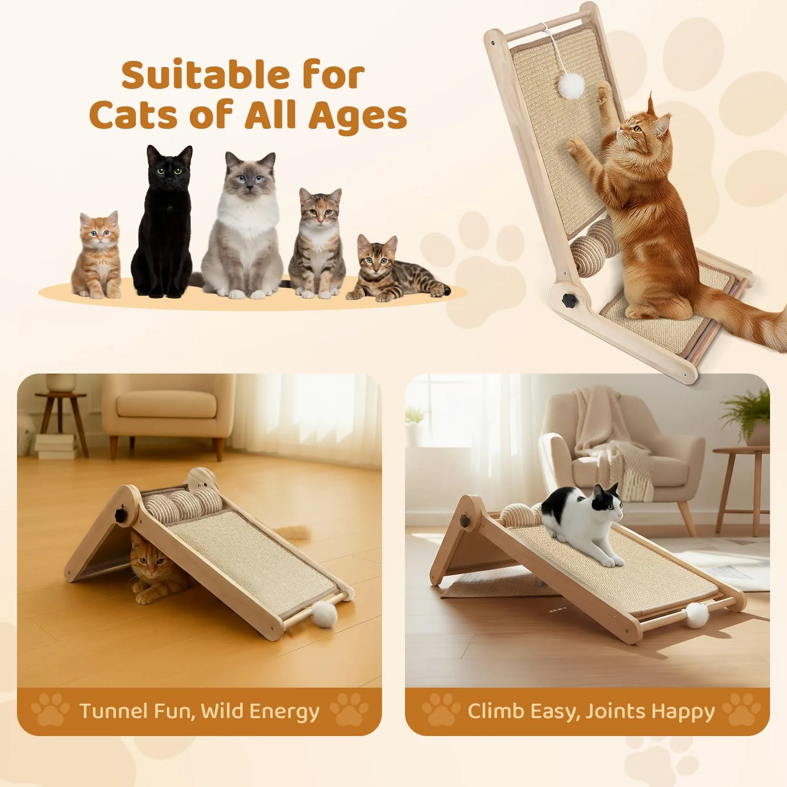 Tiragraffi gatto Tri-Use Sisal L a forma di palla alta 59 cm in sisal naturale, colonna tiragraffi gatto per tutti i gatti, per rilassarsi, proteggere mobili e divani