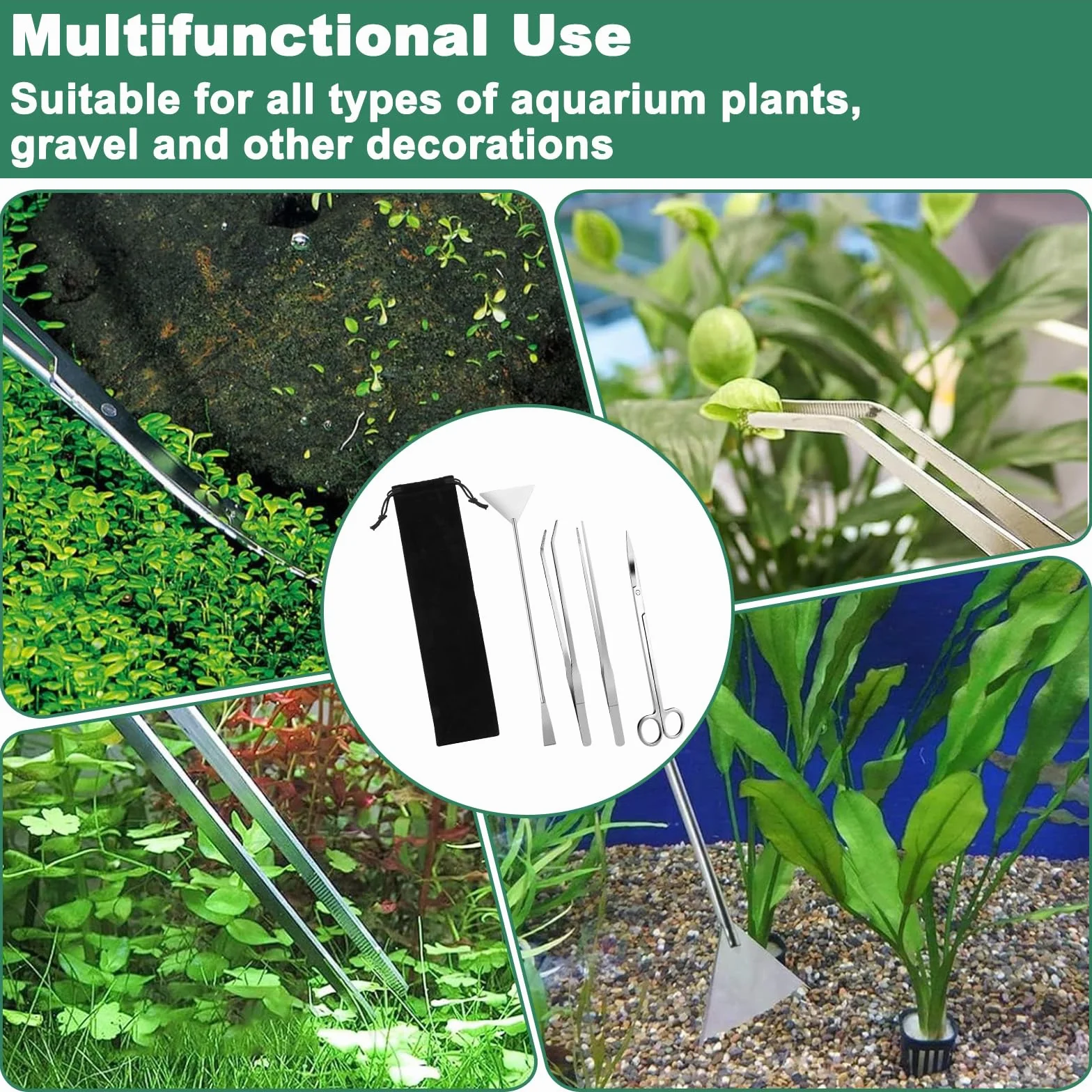 4 in 1 Set Attrezzi per Acquario con Borse di Stoccaggio, Accessori per Acquario Acqua Dolce in Acciaio Inox,Kit Pinzette Forbici Spatola Pulizia Acquari per L'acquario Landscaping e Piante Acquatiche