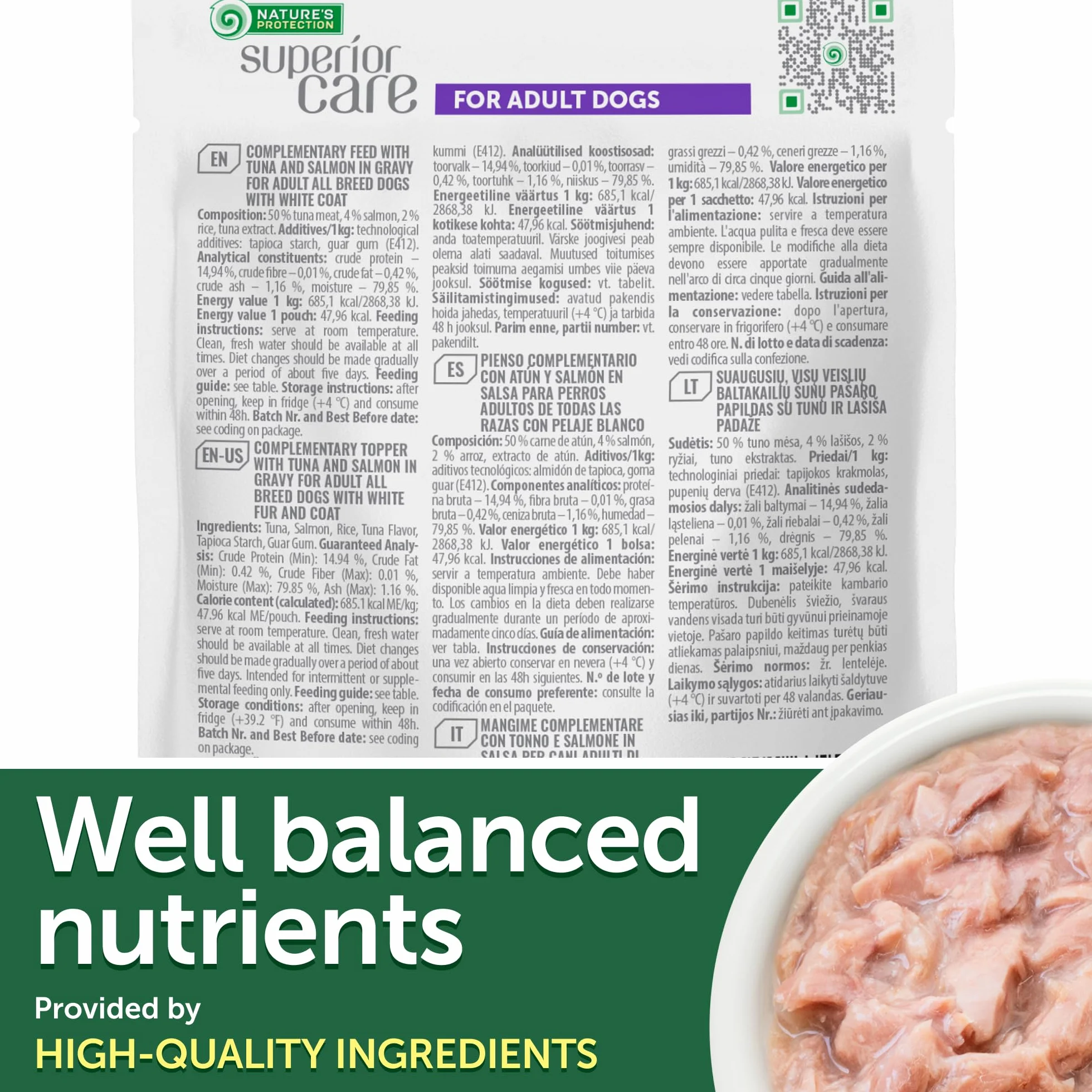 Nature's Protection Superior Care - Cibo umido per cani adulti, tonno e salmone ad alto contenuto proteico in sacchetti di sugo, per digestione sensibile, pelle e pelo sani, di tutte le razze, cani