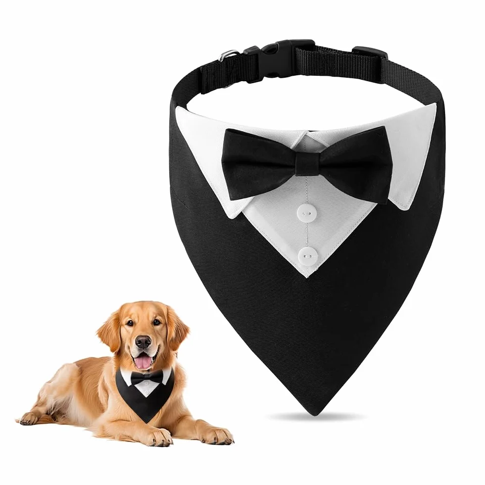 Bandana per Cani 36-60 cm Collare Smoking Cane Regolabile con Foulard e Papillon Cravatta Sciarpa Formale Nero