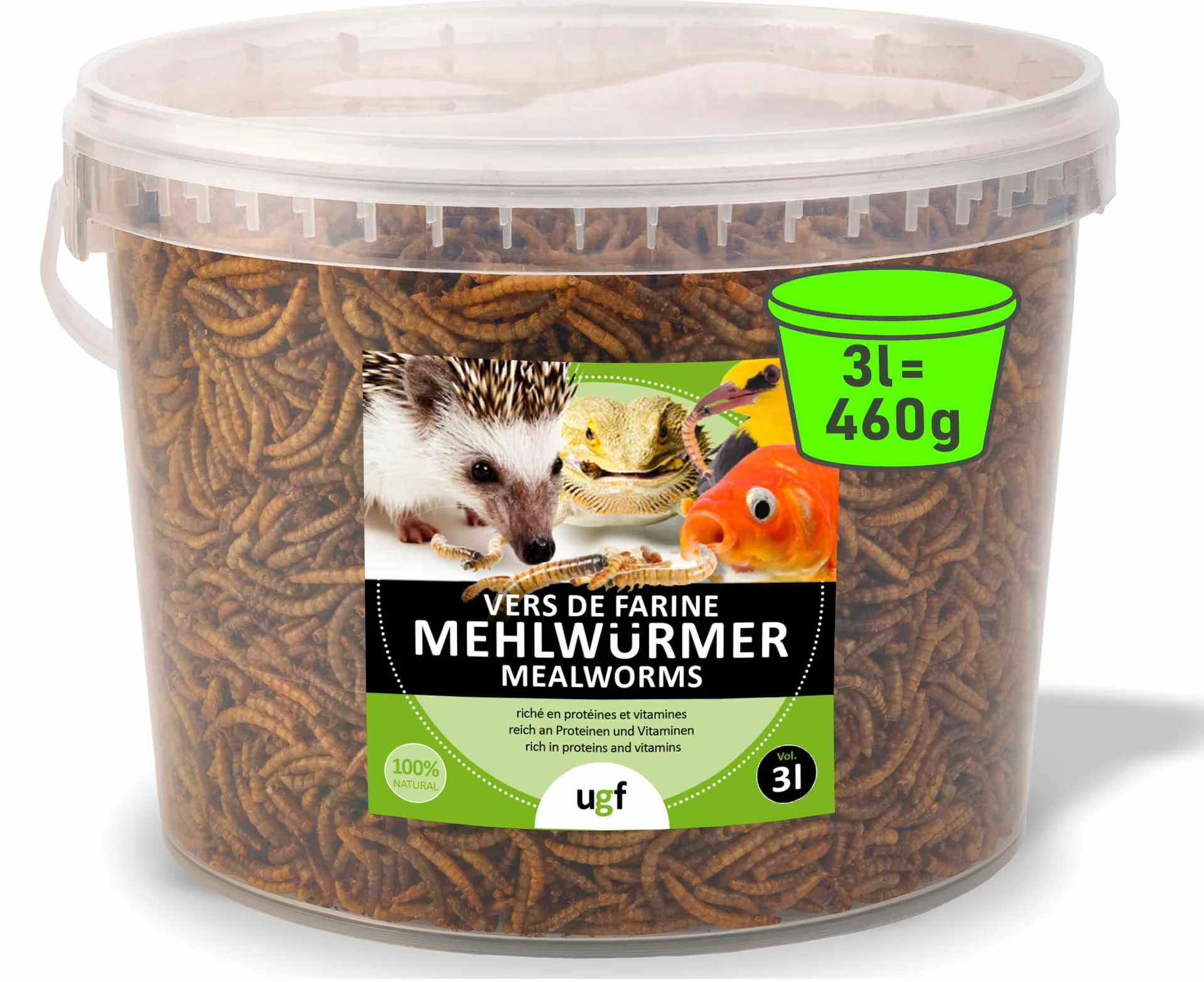 UGF - Vermi della farina essiccati di prima qualità - 460 g in un secchio da 3 litri, Cibo per uccelli selvatici, tutto l'anno, cibo per ricci, cibo per scoiattoli, cibo per criceti