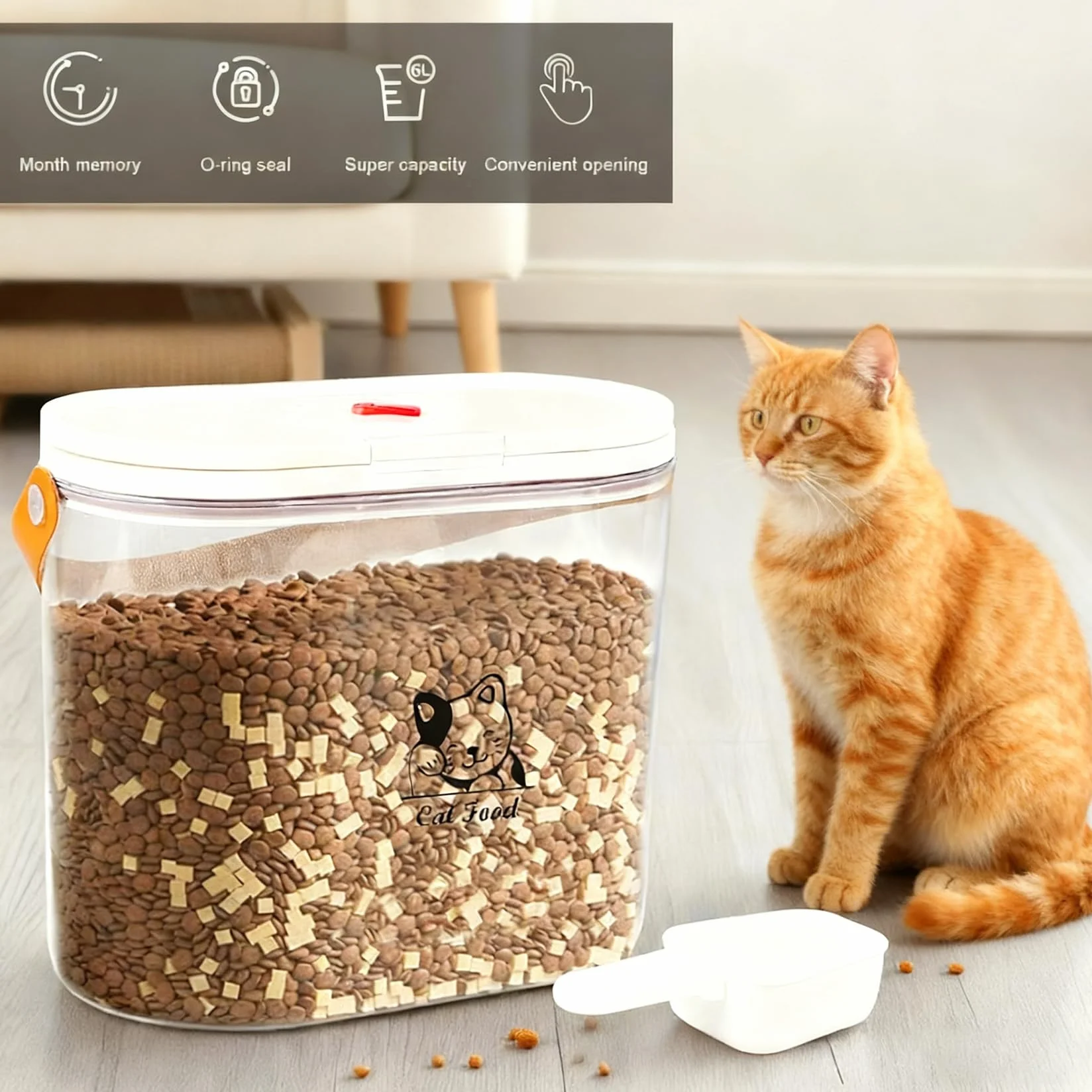 Contenitore per cibo per gatti da 7 lbs con manico e cucchiaio dosatore – Contenitore per cibo per cani in plastica trasparente – Senza BPA – Contenitore per cibo esterno per snack e cibo secco
