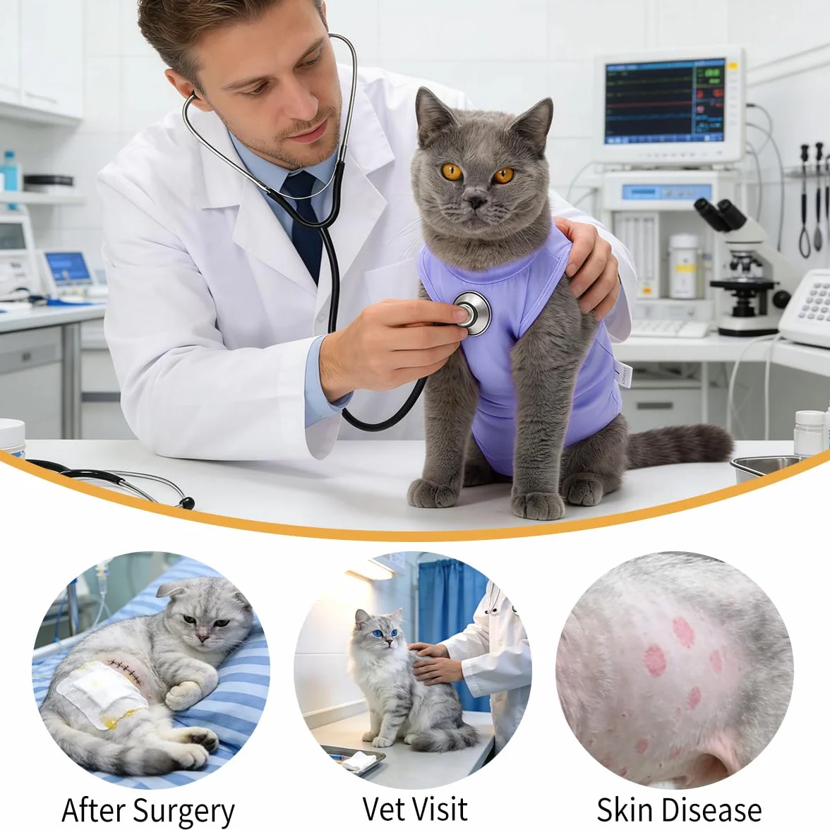 Body Gatto Post Operatorio Tuta Recupero Chirurgico Anti-Leccare Alternative al Collare Elisabettiano Vestito Post Sterilizzazione per Ferite Addominali (Viola, S)