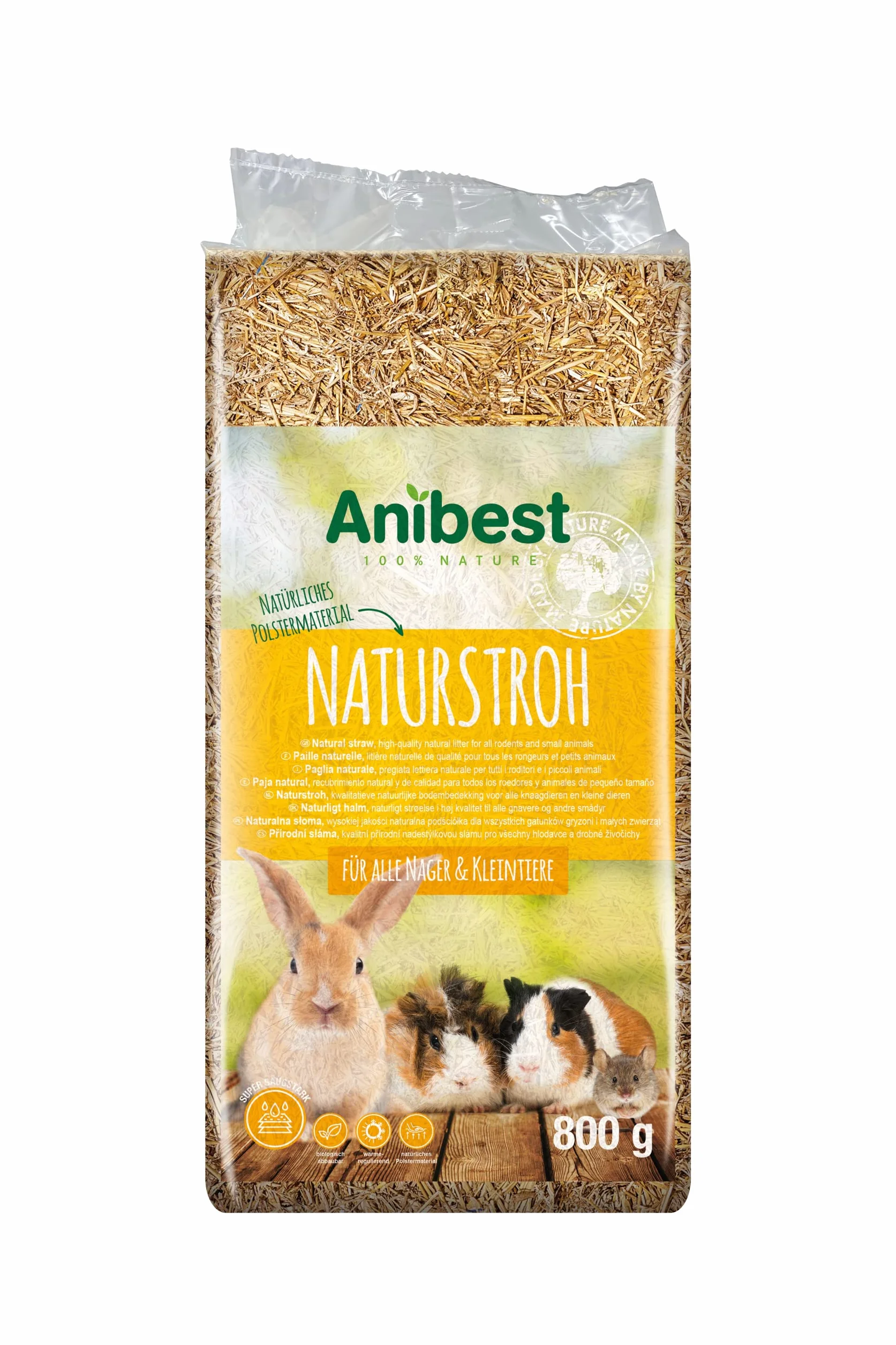 Anibest Paglia naturale, lettiera per piccoli animali, 100% naturale per tutti i roditori e piccoli animali, conigli, criceti, porcellini d'India e Co, assorbente, termoisolante, Made in Germany, 0,8