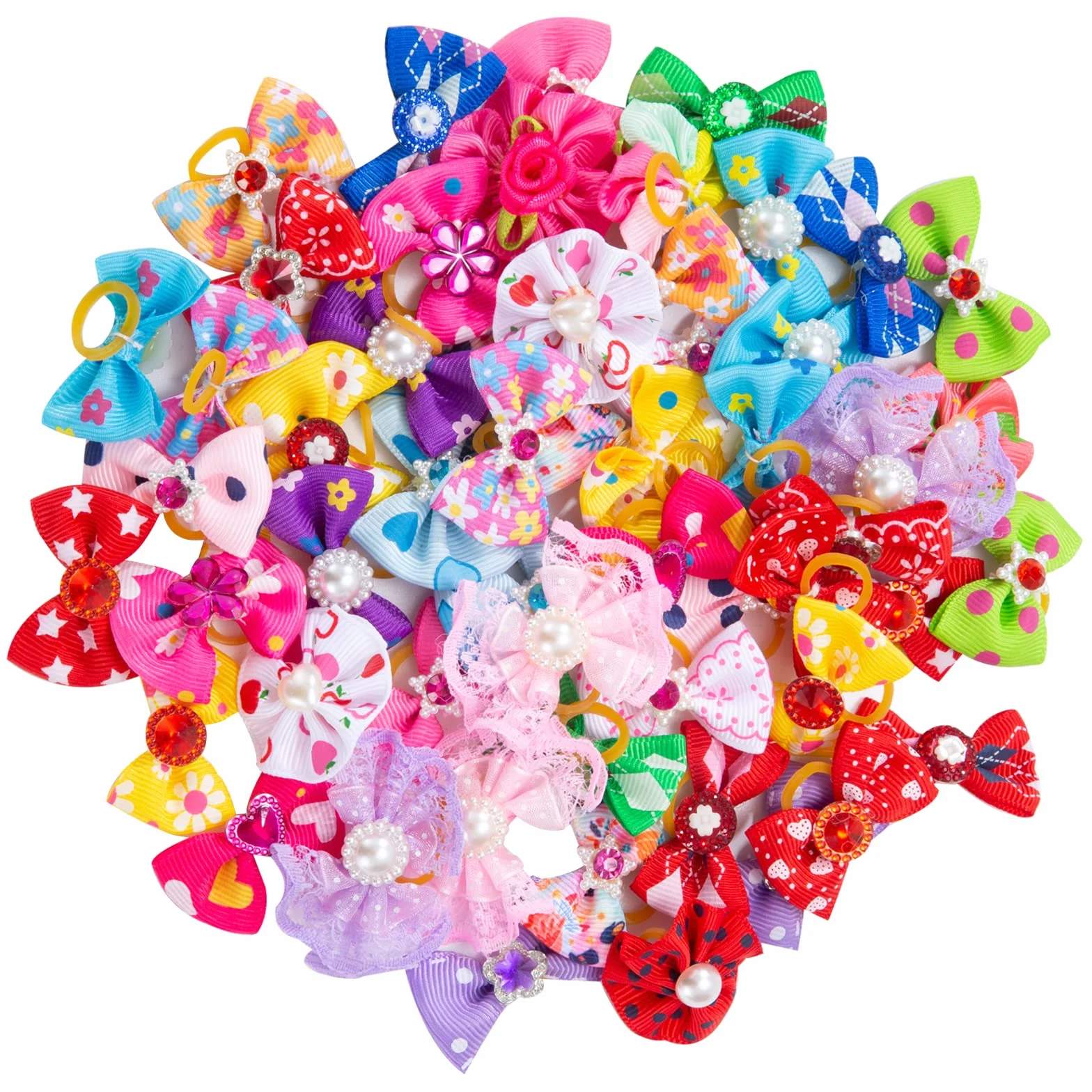 Tunejoy 50 Pezzi Fiocchi per Cani con Elastici, Accessori per Capelli per Cani Copricapo per Capelli Lunghi